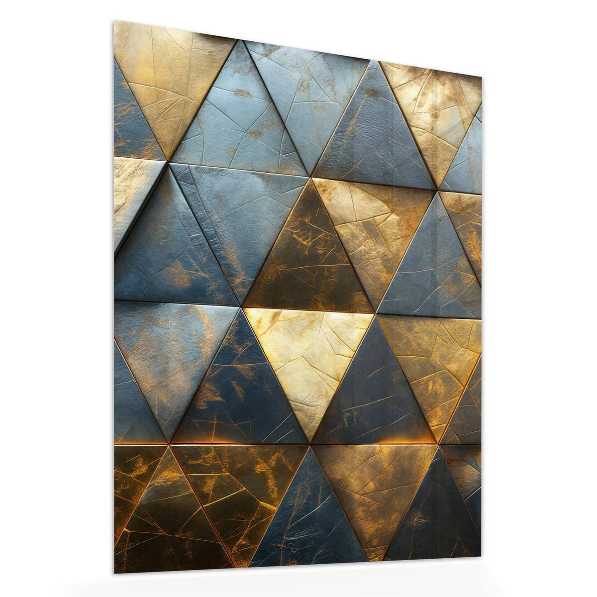 Echtglas, 4 mm – kein Acryl, keine Folie – Wandbild - Blaugoldene Dreiecke - Hochformat