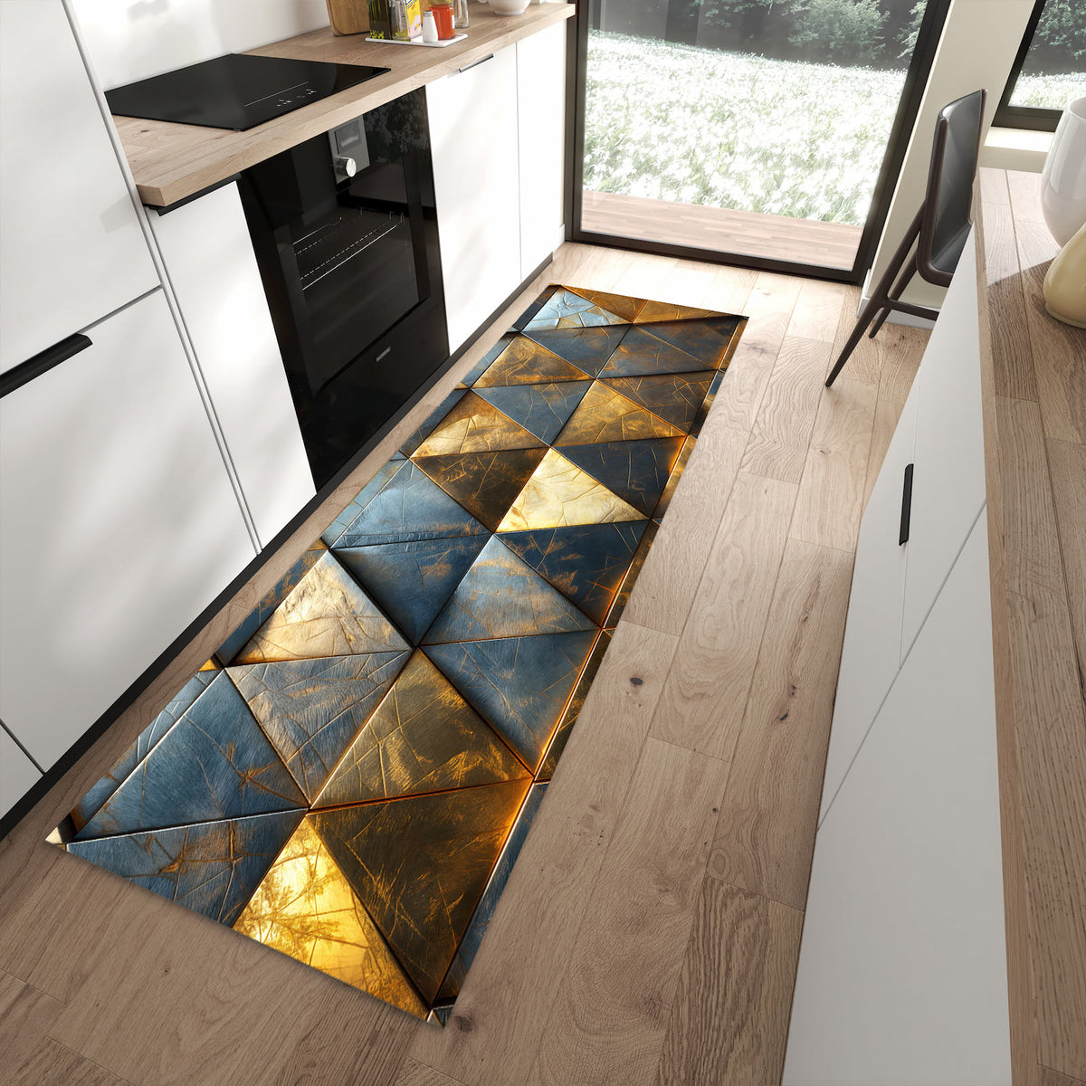 Feuchtigkeitsresistenter Küchenvorleger mit Motiv Geometrische Wandkunst in moderner Küche