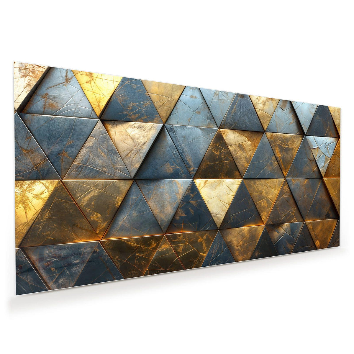 Dreiecksfliesen aus Metall in Gold und Stahlblau