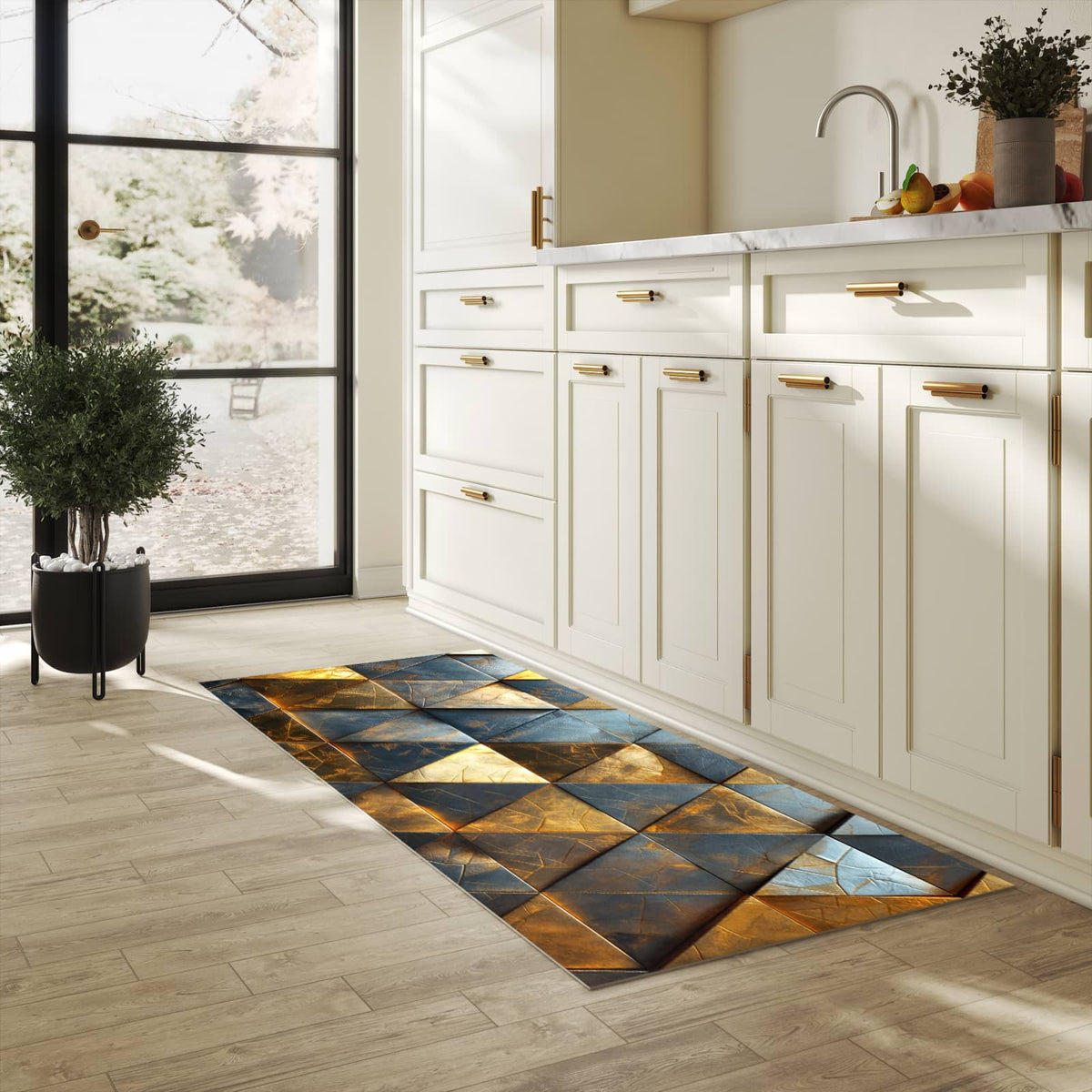 Farbbeständiger waschbarer Küchenteppich mit Motiv Geometrische Wandkunst in heller Küche