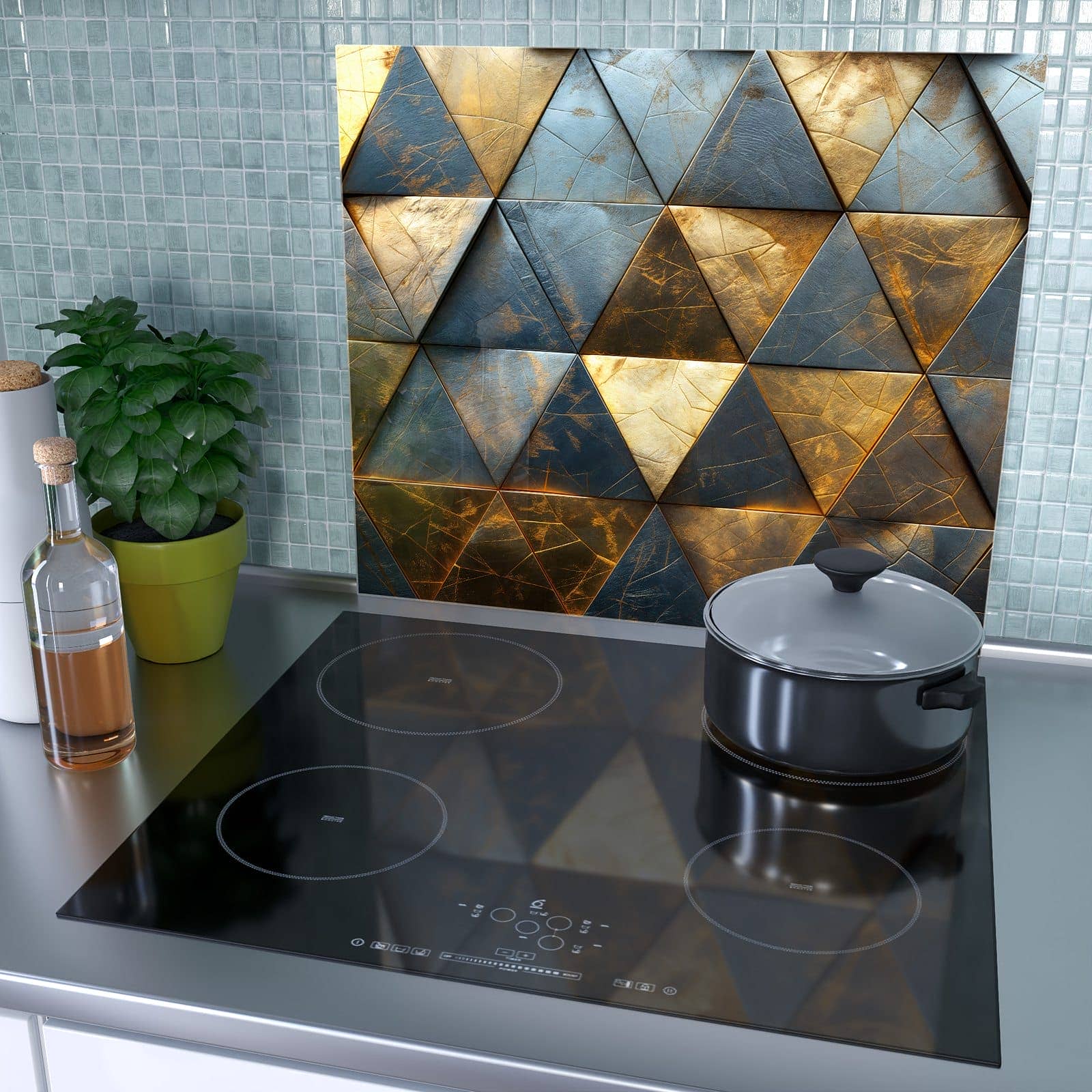 1-teilige Herdabdeckplatten mit Geometrische Wandkunst-Motiv als Spritzschutz hinter dem Kochfeld