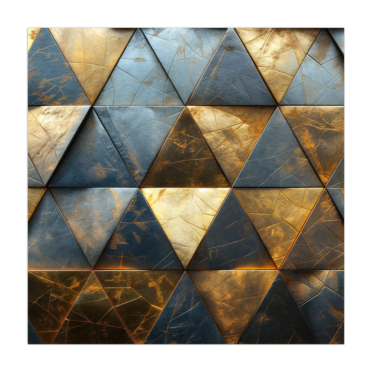 Dreiecksfliesen aus Metall in Gold und Stahlblau