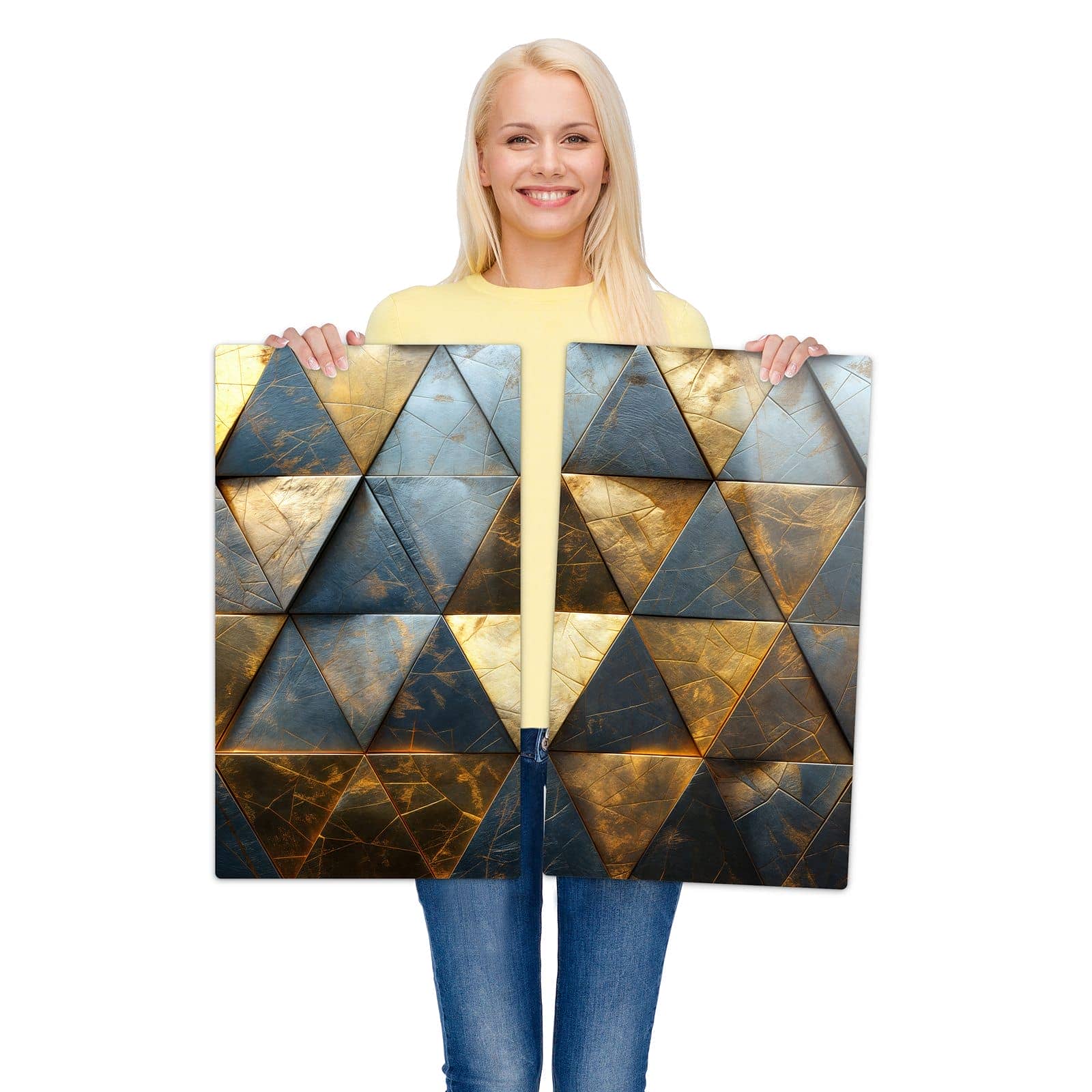 2-teilige Ceranfeldabdeckungen mit Geometrische Wandkunst-Motiv werden zur Größendarstellung gehalten