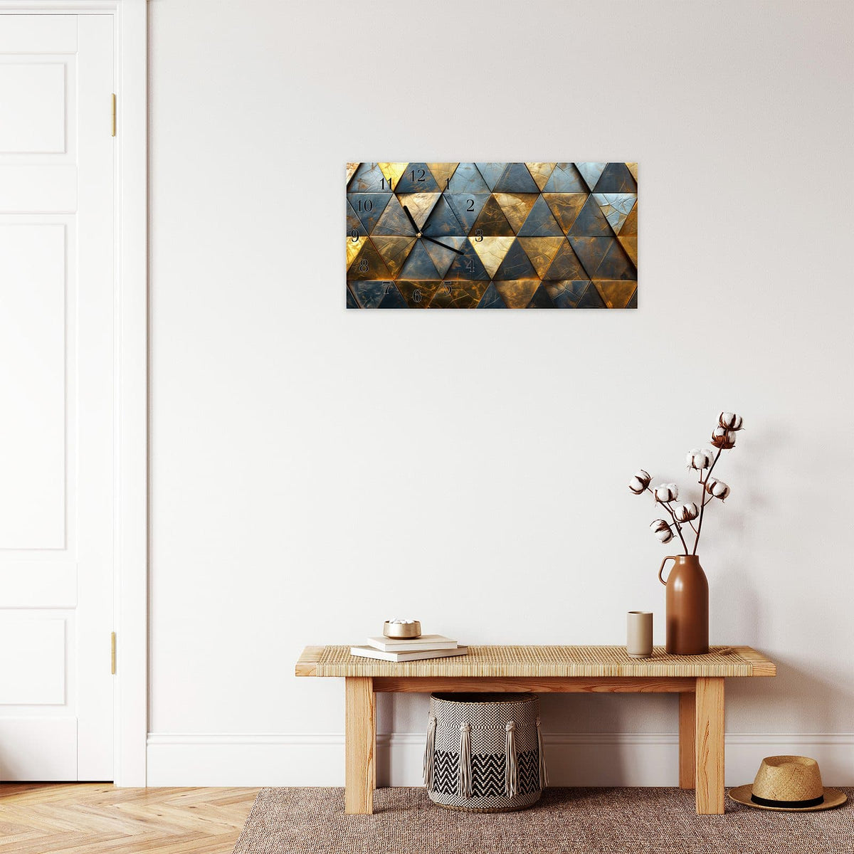 Moderne Wanduhr aus Glas mit Farbtiefe – Wanduhr Geometrische Wandkunst aus Glas – Querformat 60 × 30 cm