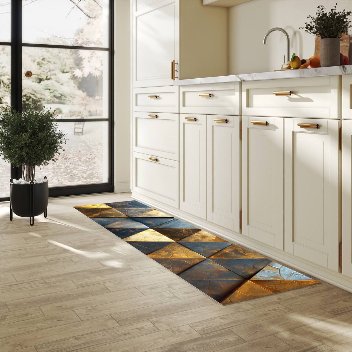 Feuchtigkeitsresistenter Küchenteppich mit Motiv Geometrische Wandkunst in heller Küche