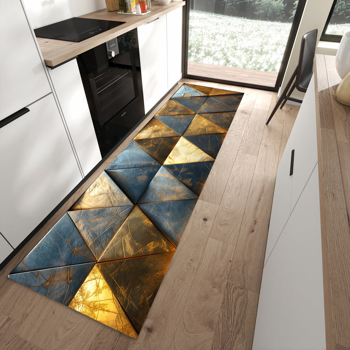 Bodenschonender Küchenteppich mit Motiv Geometrische Wandkunst in moderner Küche