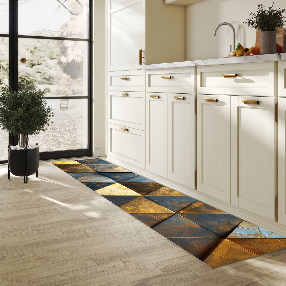 Küchenteppich mit Motiv Geometrische Wandkunst für Ordnung in heller Küche