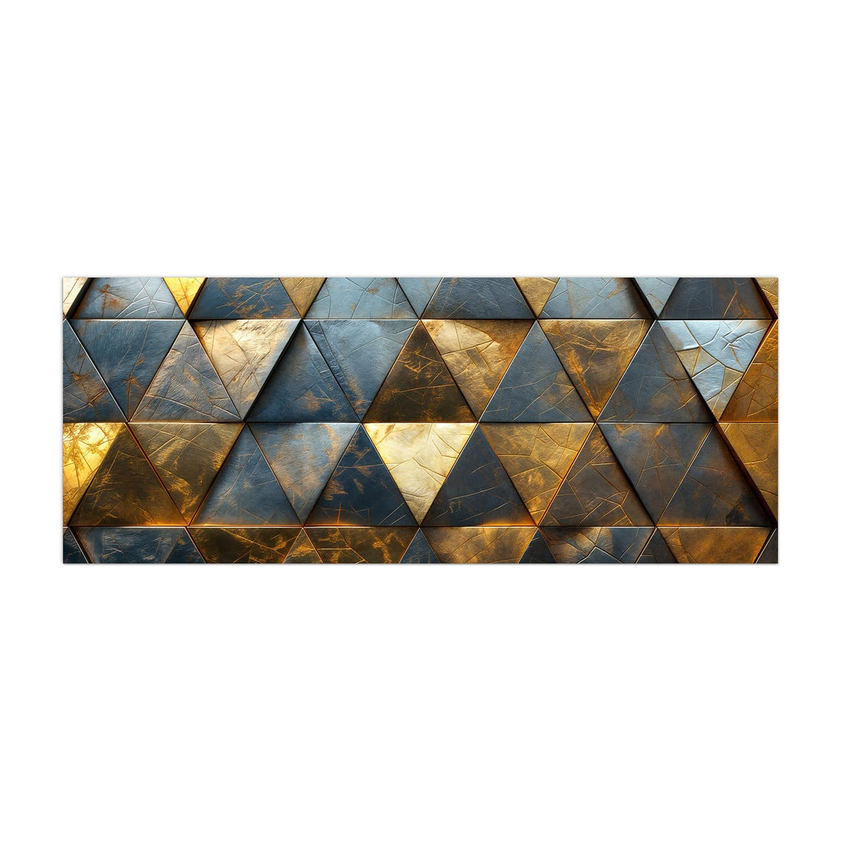 Küchenrückwand aus Glas Blaugoldene Dreiecke im Hochformat, Motiv bildfüllend von vorn