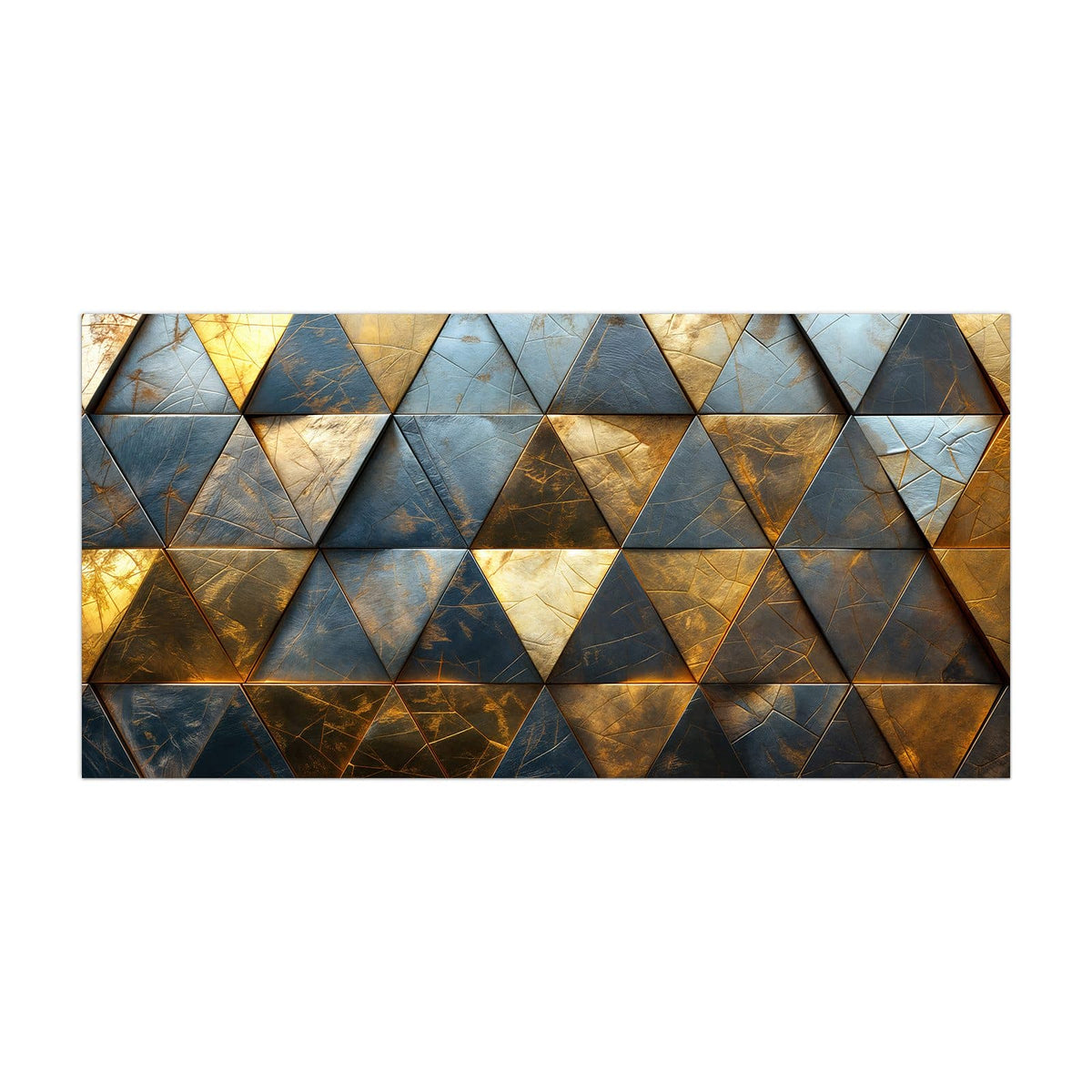 Küchenrückwand aus Glas Blaugoldene Dreiecke im Hochformat, Motiv bildfüllend von vorn
