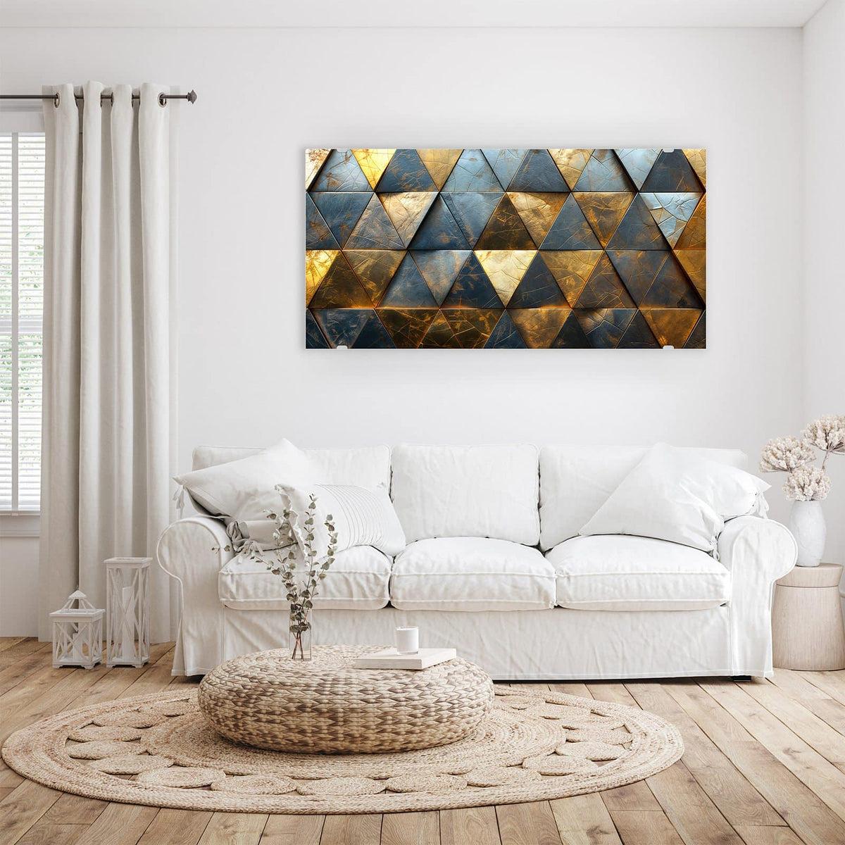 Wandbild - Blaugoldene Dreiecke - Querformat – Dreiecksmosaik in Gold und Blau