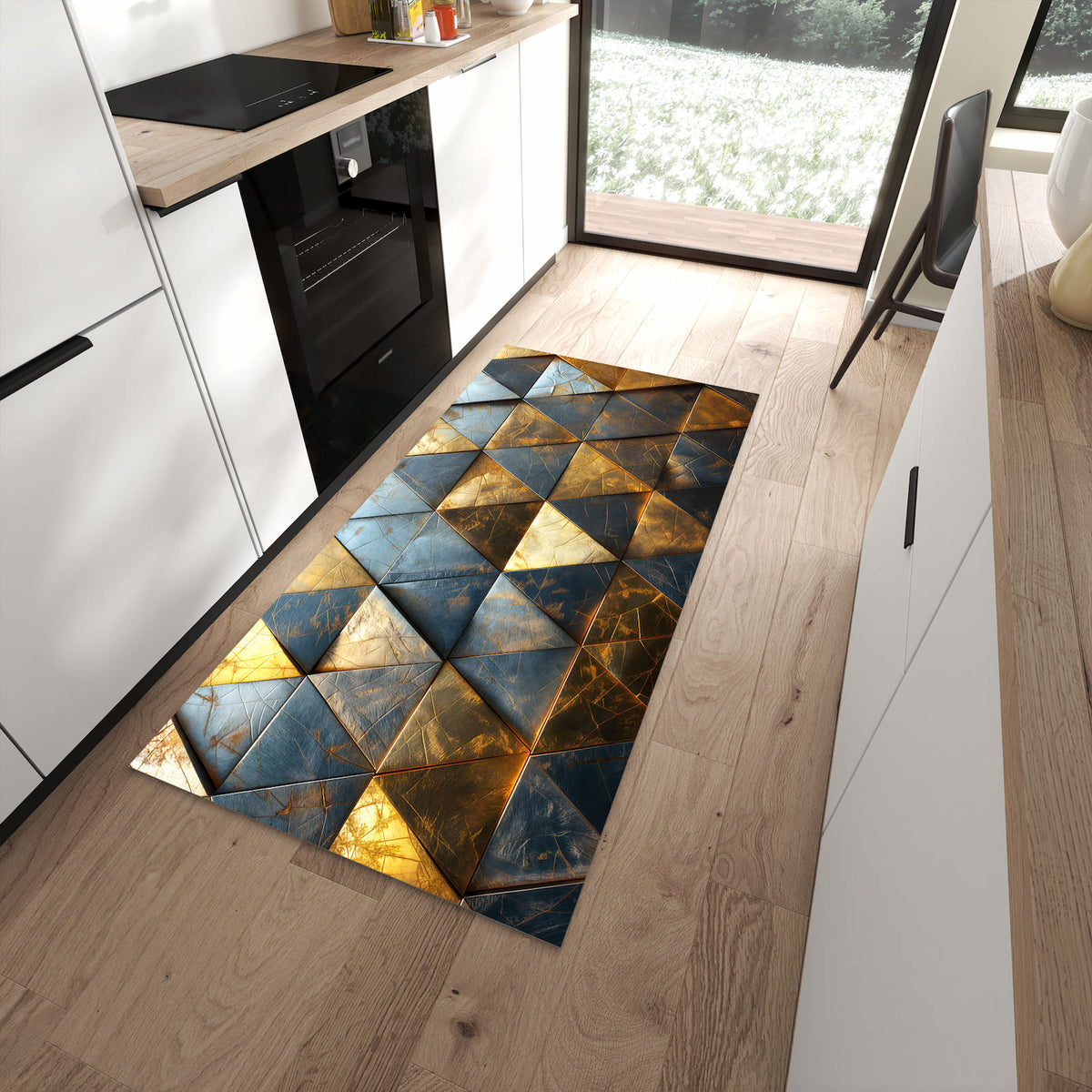 Bodenschonender Küchenläufer mit Motiv Geometrische Wandkunst in moderner Küche