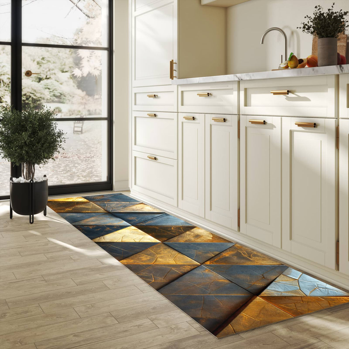 Zeitsparender waschbarer Küchenteppich mit Motiv Geometrische Wandkunst in heller Küche