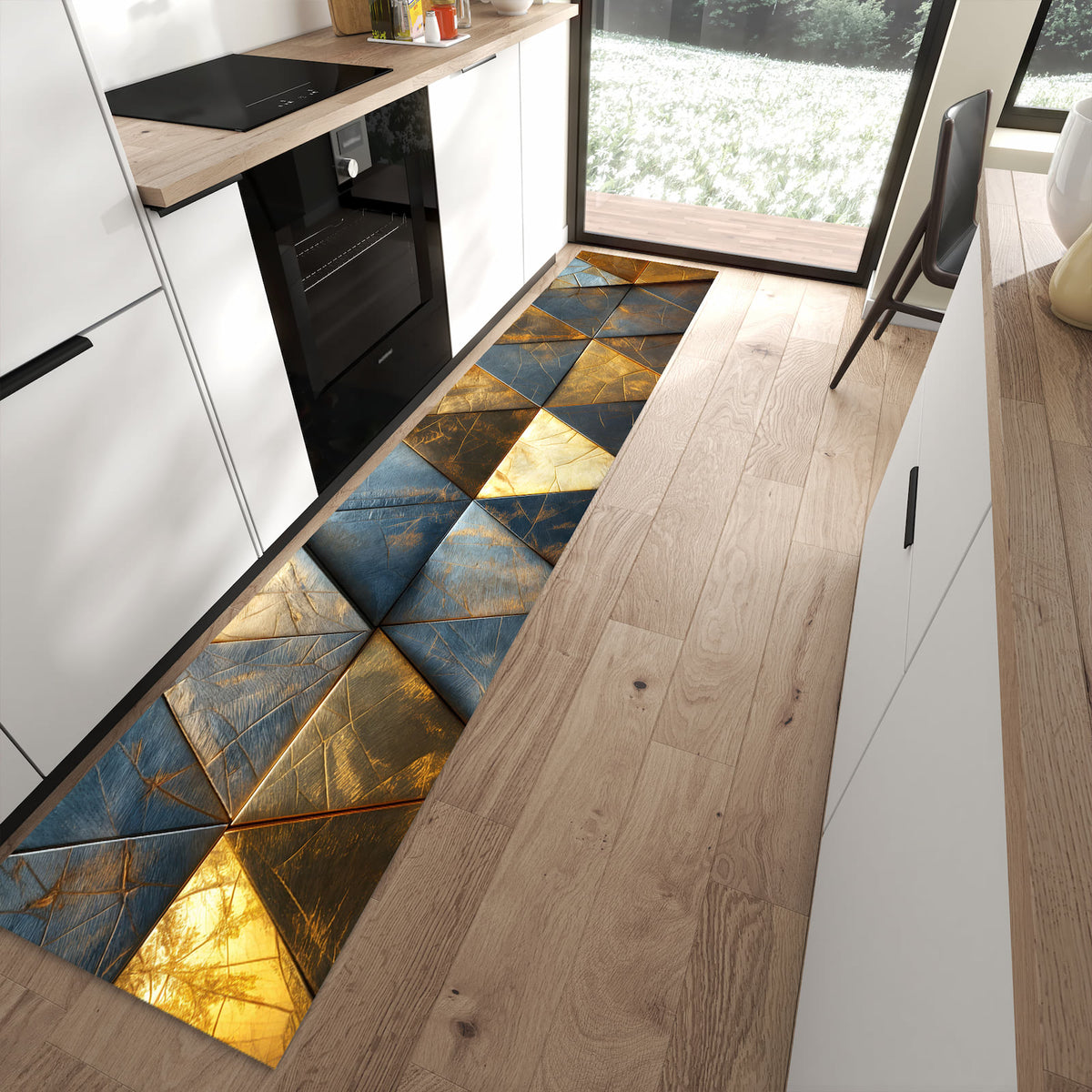 Waschbarer Küchenläufer mit Motiv Geometrische Wandkunst in moderner Küche