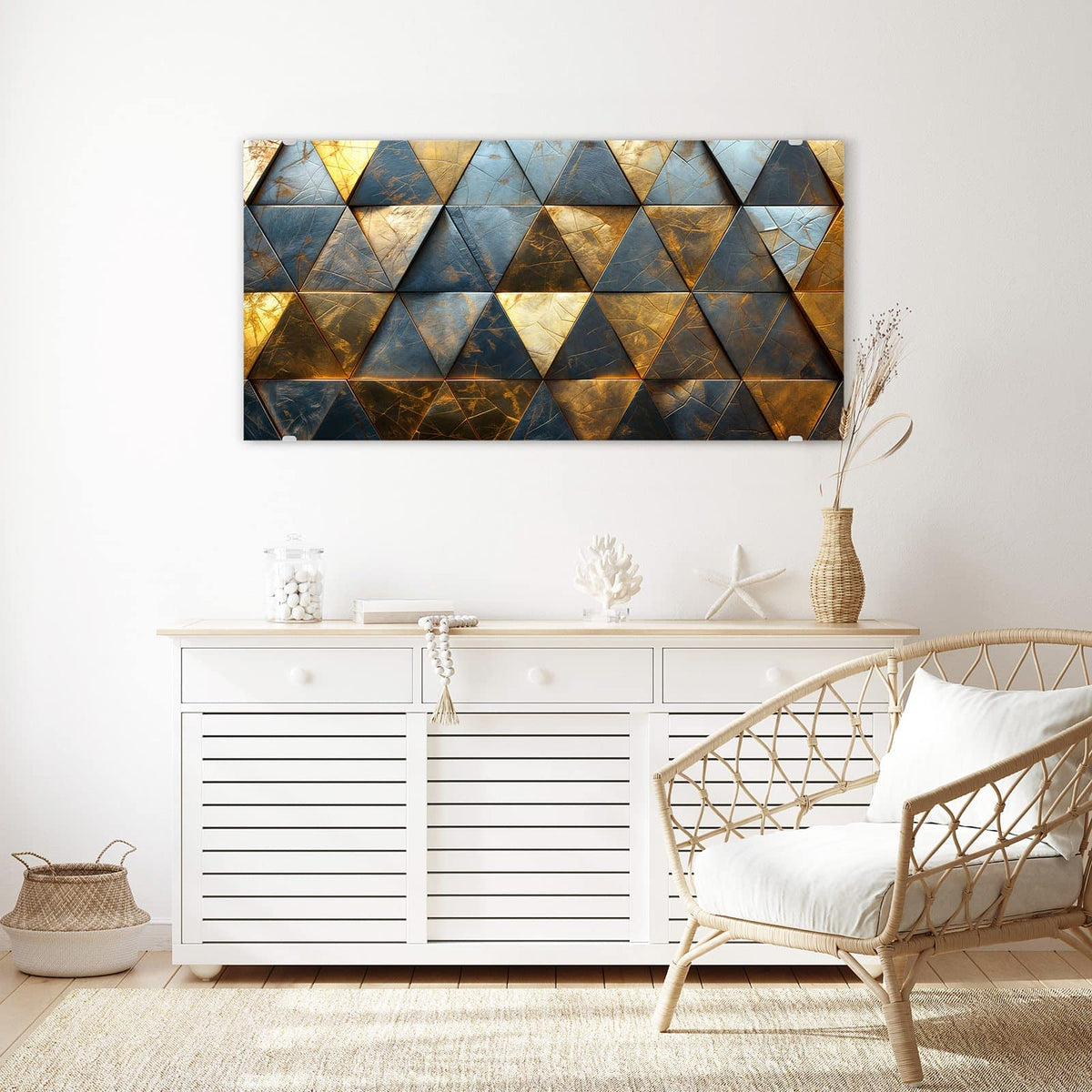 Echtglas, 4 mm – kein Acryl, keine Folie – Wandbild - Blaugoldene Dreiecke - Querformat