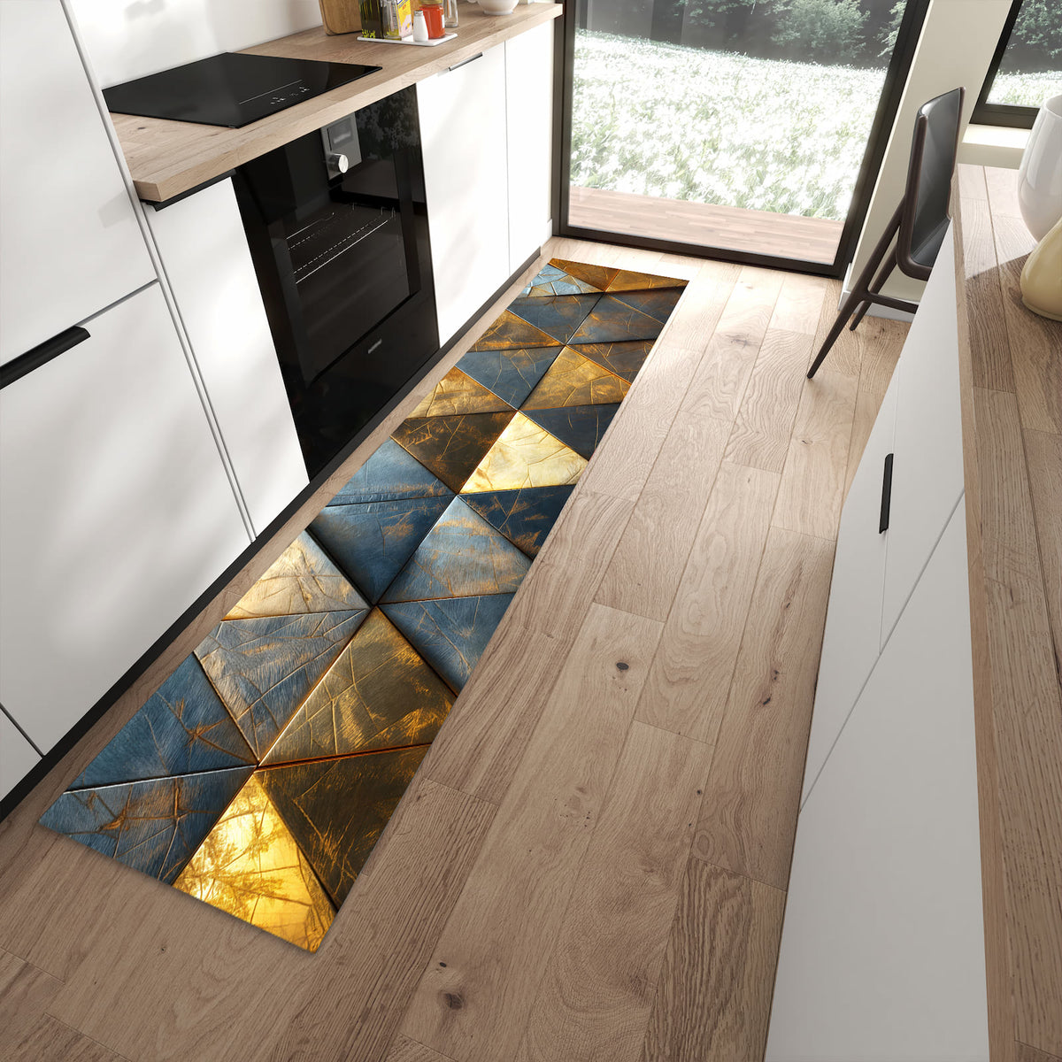 Strapazierfähiger Läufer für die Küche mit Motiv Geometrische Wandkunst in moderner Küche