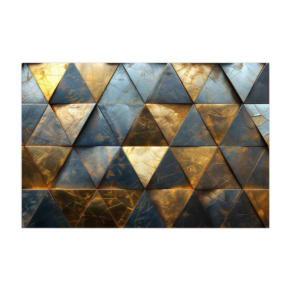 Küchenrückwand aus Glas Blaugoldene Dreiecke im Hochformat, Motiv bildfüllend von vorn