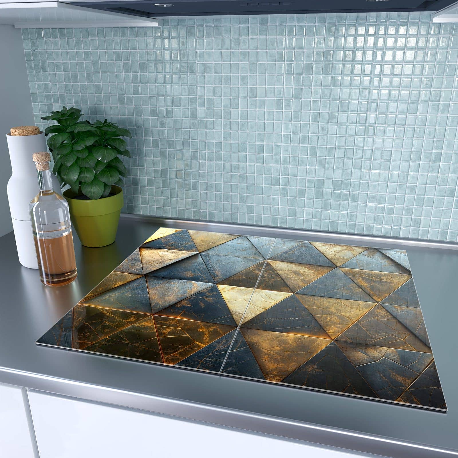 2-teilige Herdabdeckplatte aus Glas mit Geometrische Wandkunst-Motiv auf dem Ceranfeld