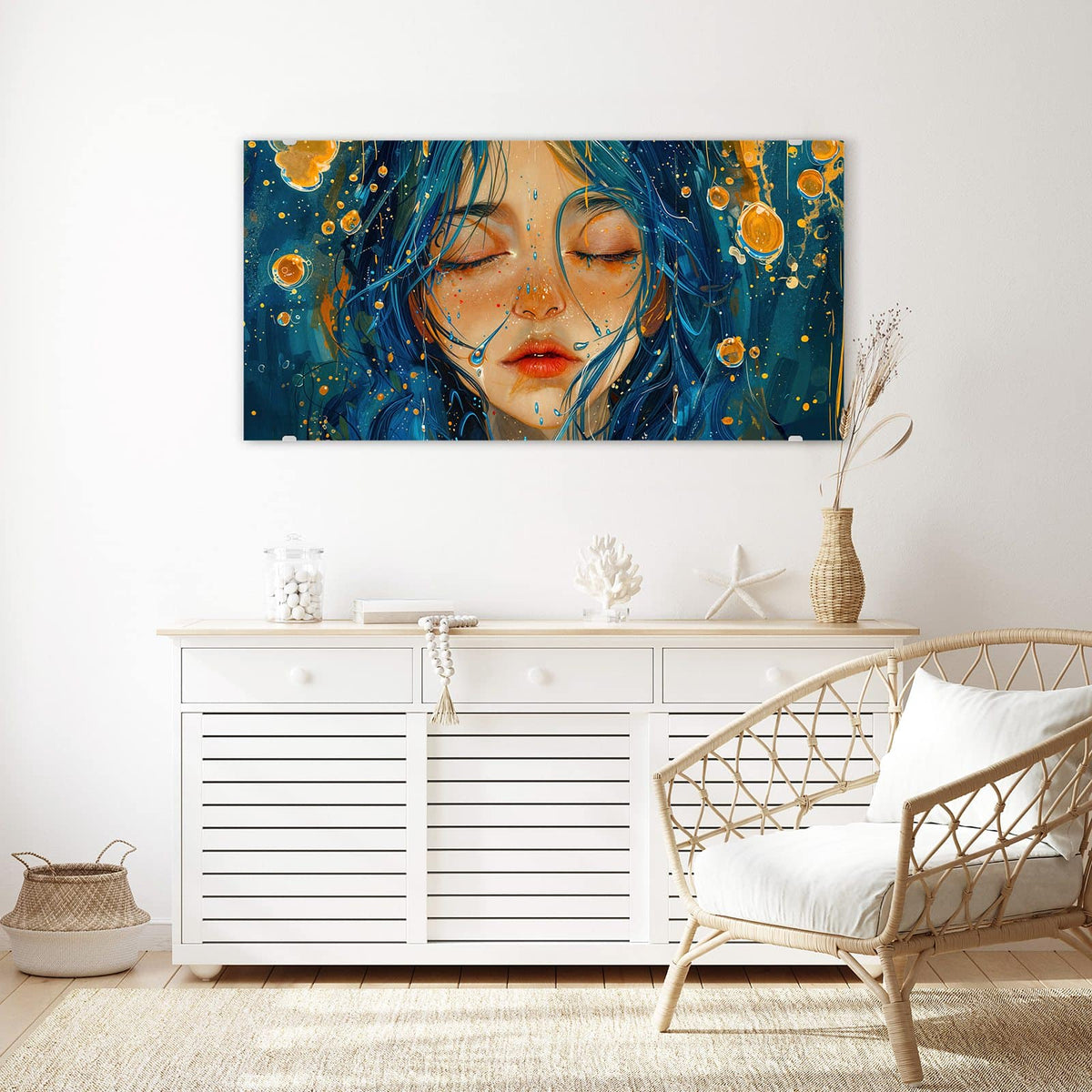 Echtglas, 4 mm – kein Acryl, keine Folie – Wandbild - Gesicht mit blauem Haar - Querformat