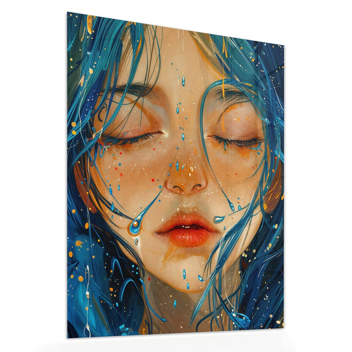 Echtglas, 4 mm – kein Acryl, keine Folie – Wandbild - Gesicht mit blauem Haar - Hochformat