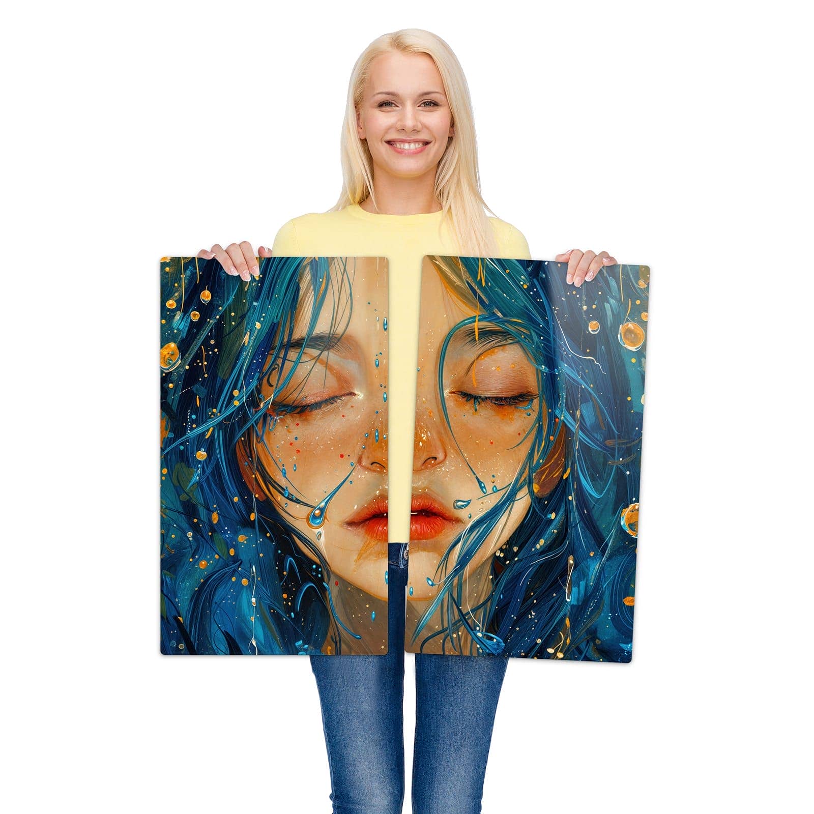 2-teilige Herdabdeckplatten mit Traumhafte Illusion-Motiv wird zur Größendarstellung gehalten