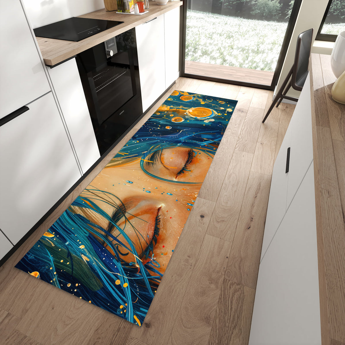 Geruchsneutraler abwaschbarer Küchenteppich mit Motiv Traumhafte Illusion in moderner Küche