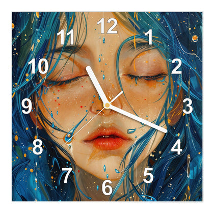 Wanduhr Quadratisch mit dem Motiv Gesicht mit blauem Haar