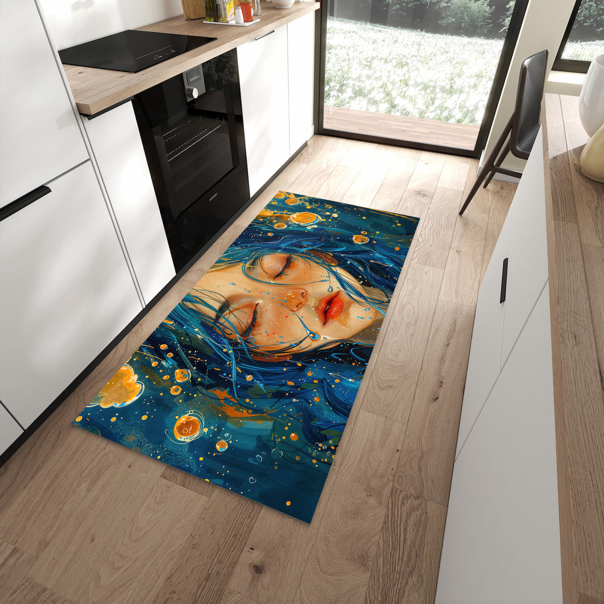 Pflegeleichter Teppich für Küche mit Motiv Traumhafte Illusion in moderner Küche