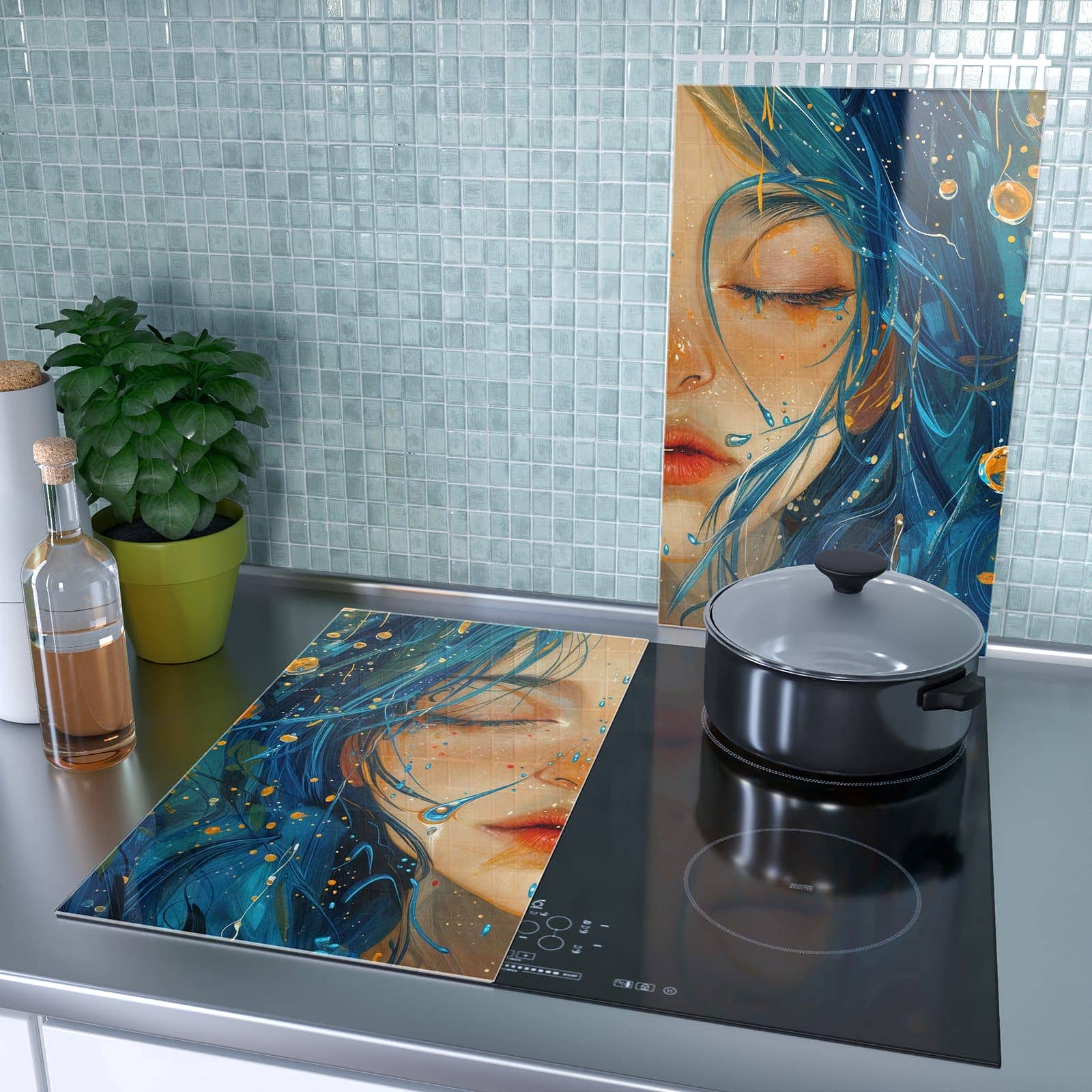 2-teilige Herdabdeckplatte mit Traumhafte Illusion-Motiv als Spritzschutz hinter dem Kochfeld