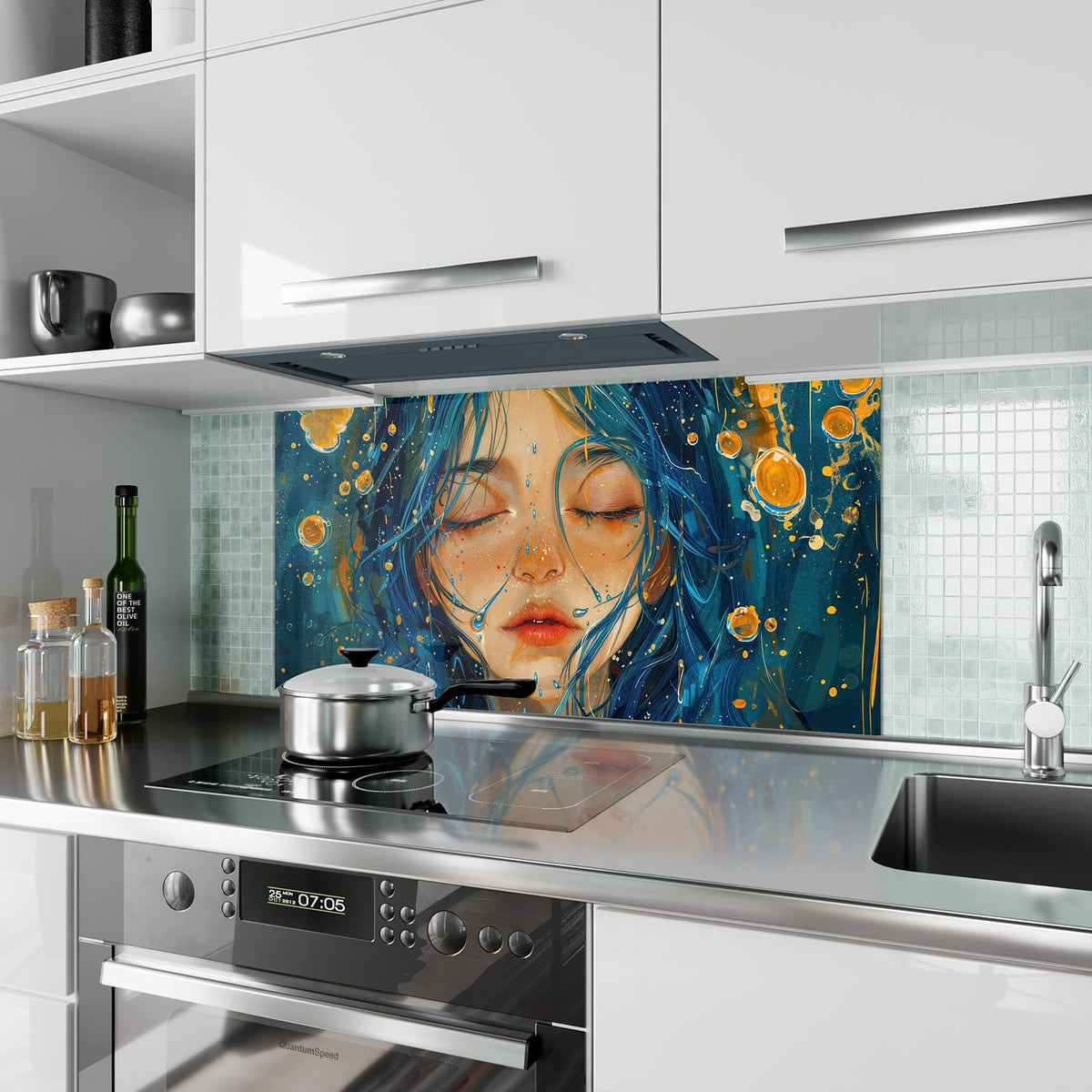 Küchenrückwand aus Glas Gesicht mit blauem Haar im Hochformat als Spritzschutz hinter dem Kochfeld, über dem Fliesenspiegel montiert