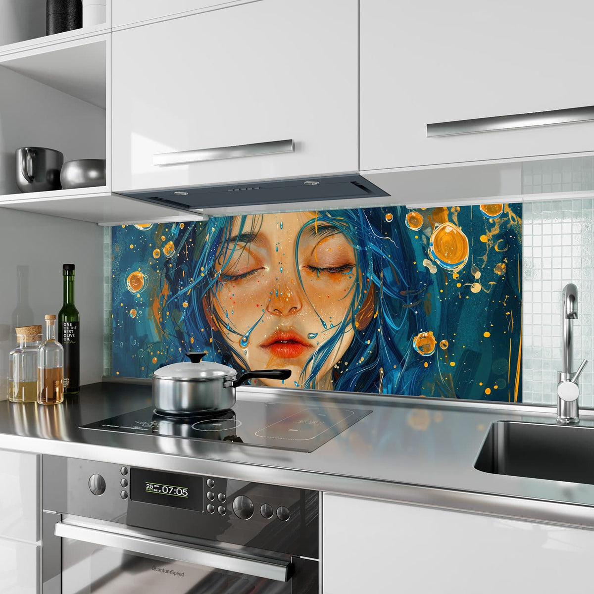 Küchenrückwand aus Glas Gesicht mit blauem Haar im Hochformat als Spritzschutz hinter dem Kochfeld, über dem Fliesenspiegel montiert