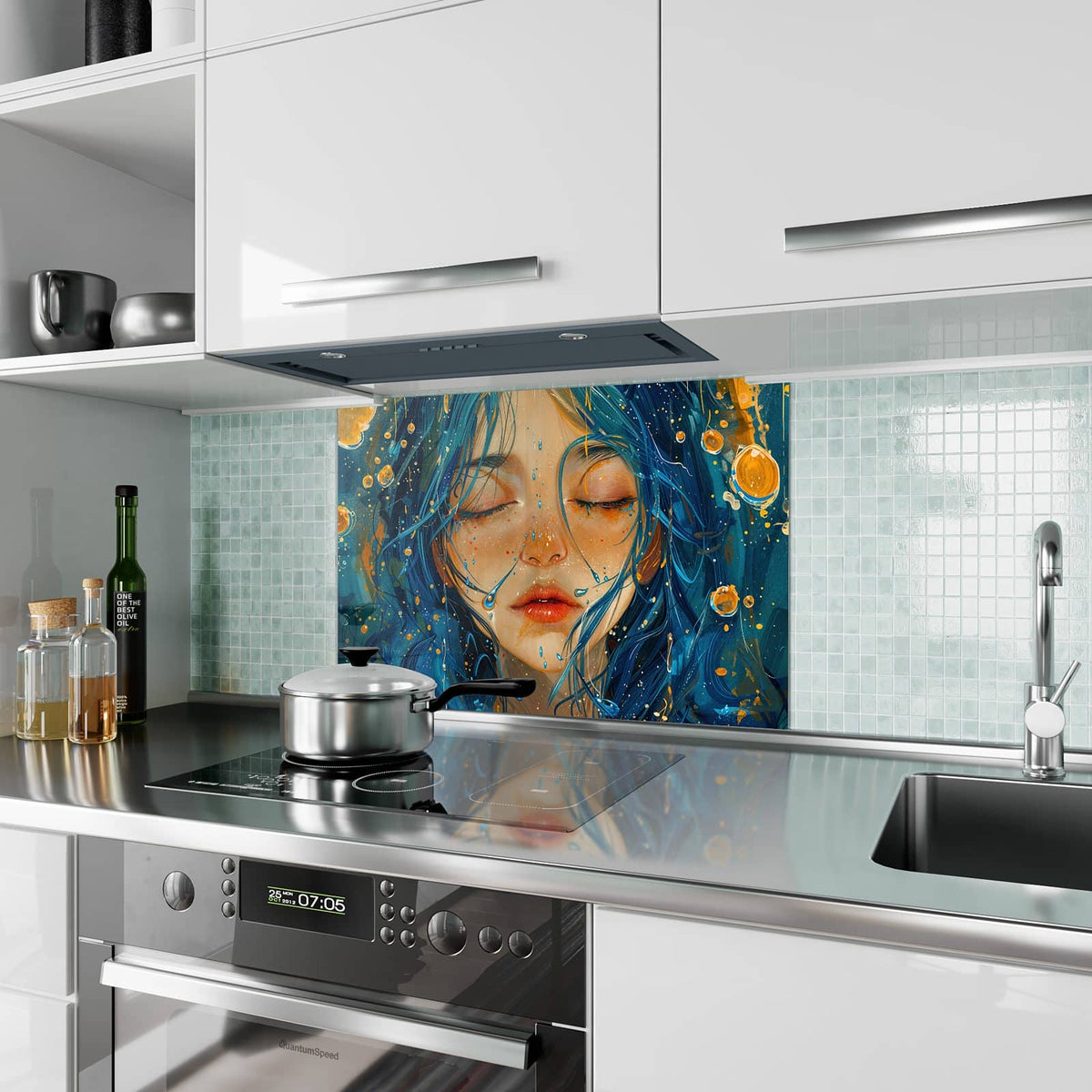 Küchenrückwand aus Glas Gesicht mit blauem Haar im Hochformat als Spritzschutz hinter dem Kochfeld, über dem Fliesenspiegel montiert