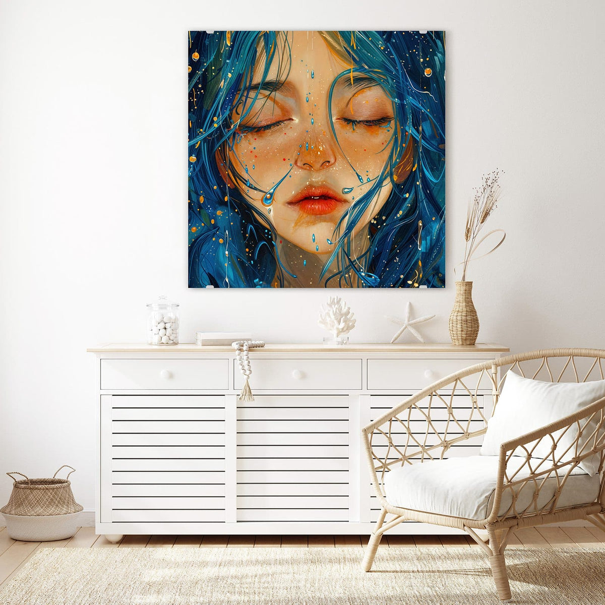 Echtglas, 4 mm – kein Acryl, keine Folie – Wandbild - Gesicht mit blauem Haar - Quadratisch