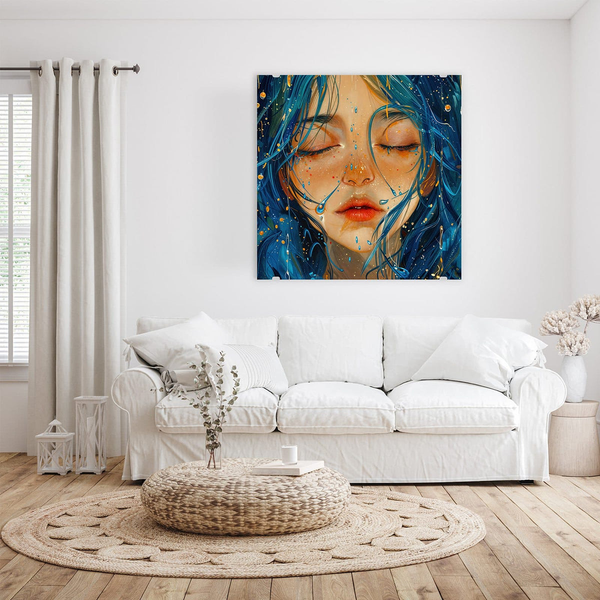 Glasbild Gesicht mit blauem Haar an der Wand – Gesicht mit geschlossenen Augen, fließendes blaues Haar, Wassertropfen und Goldpunkte