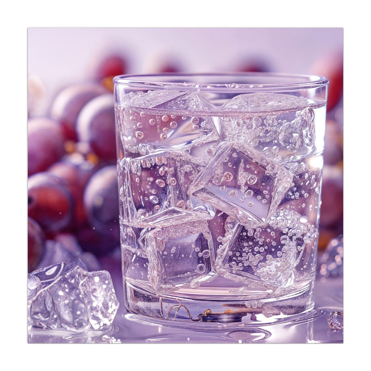 Küchenrückwand aus Glas Sprudel mit Trauben im quadratischen Format, Motiv bildfüllend von vorn