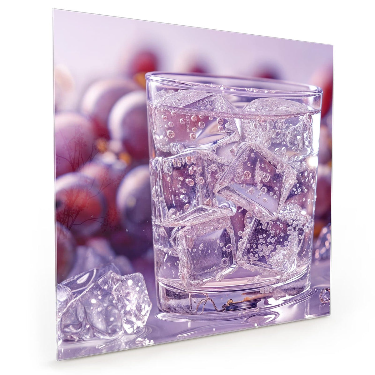 Küchenrückwand aus Glas im quadratischen Format mit Motiv Sprudel mit Trauben: Glas mit klarem, sprudelndem Getränk und Eiswürfeln #grösse_40 x 40 cm #grösse_50 x 50 cm #grösse_60 x 60 cm