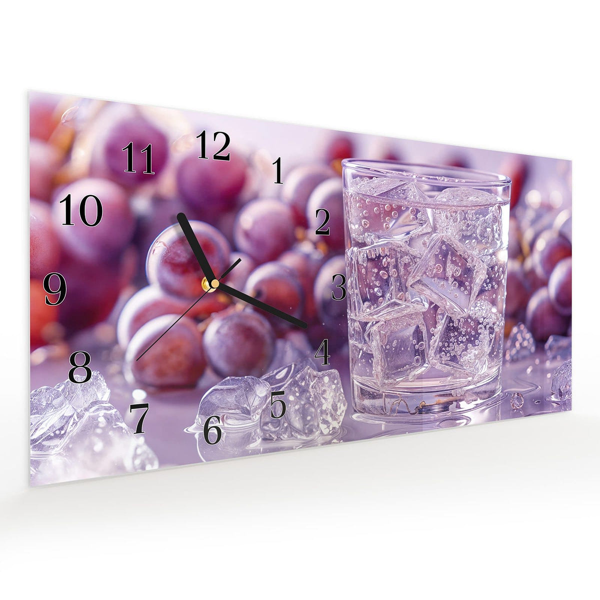 Vormontiert – mit Schwebeeffekt – Wanduhr Traubeneisgetränk aus Glas – Querformat 60 × 30 cm