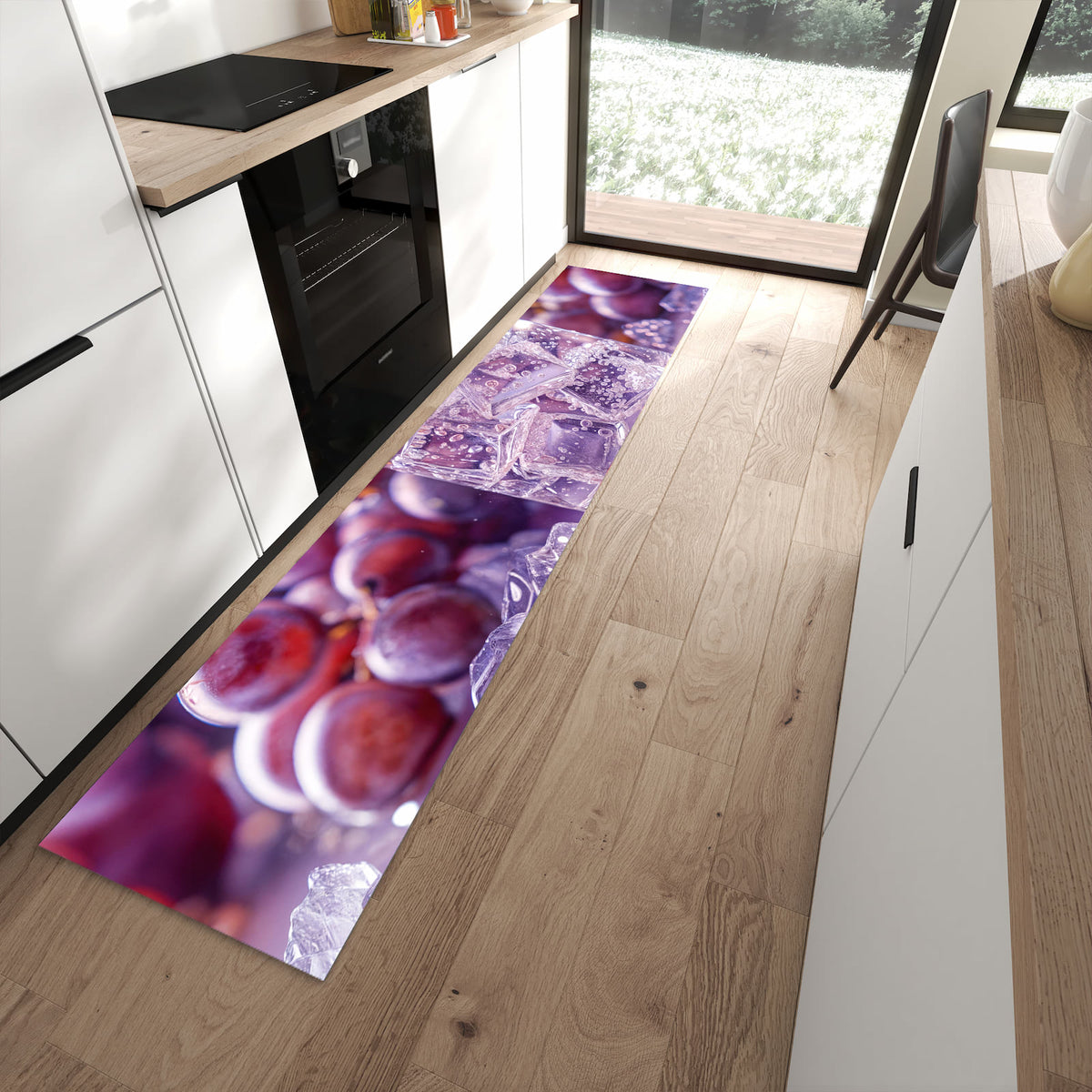 Langlebiger waschbarer Küchenteppich mit Motiv Traubeneisgetränk in moderner Küche