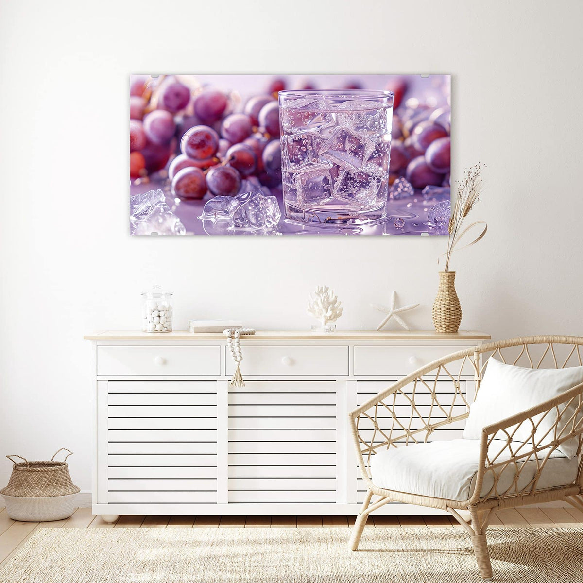 Echtglas, 4 mm – kein Acryl, keine Folie – Wandbild - Sprudel mit Trauben - Querformat