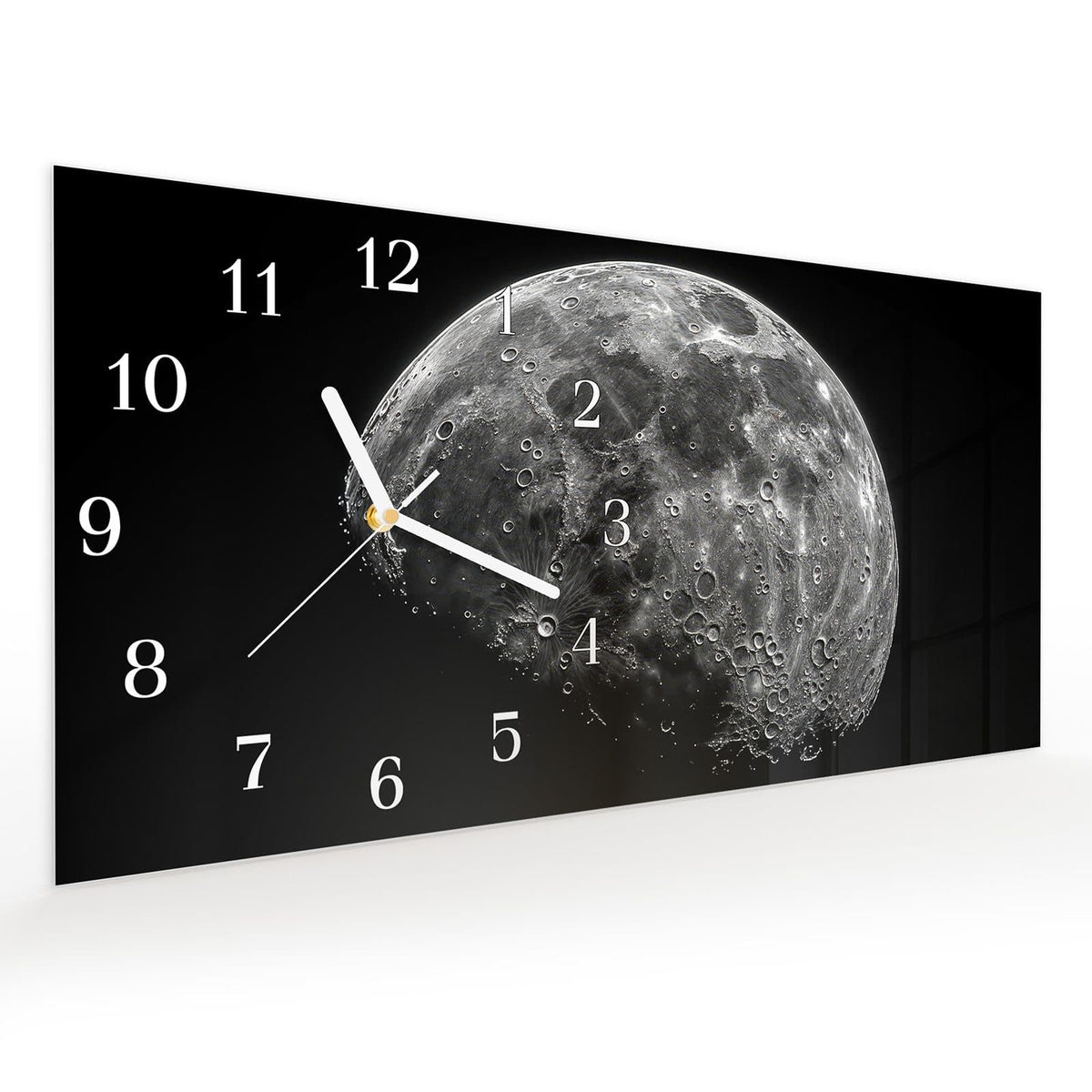 Vormontiert – mit Schwebeeffekt – Wanduhr Mondkrater Close-up aus Glas – Querformat 60 × 30 cm