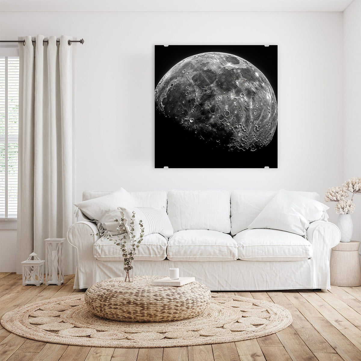 Glasbild Mondkrater an der Wand – Mond in Schwarzweiß, dicht an dicht Krater, Tag-Nacht-Grenze diagonal