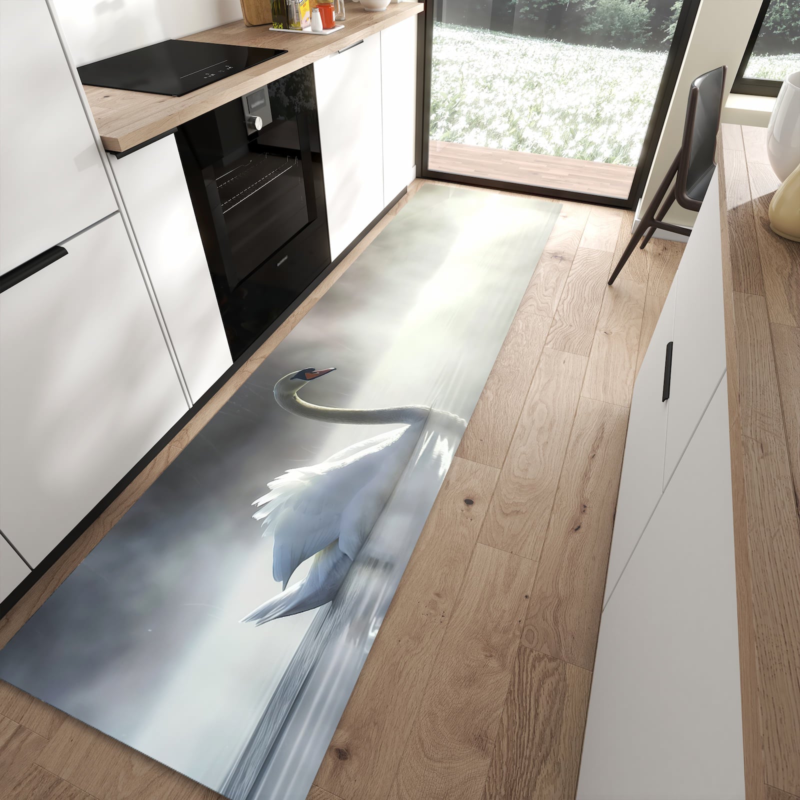 Farbbeständiger Küchenläufer mit Motiv Schwimmender Schwan in moderner Küche zum Waschen