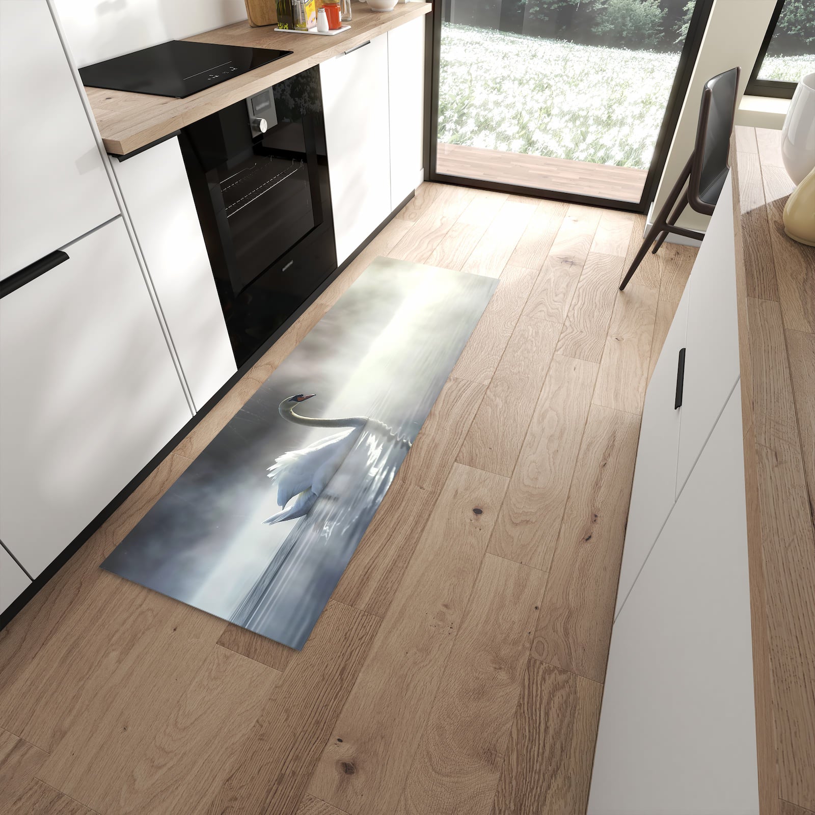 Strapazierfähiger Küchenläufer mit Motiv Schwimmender Schwan in moderner Küche