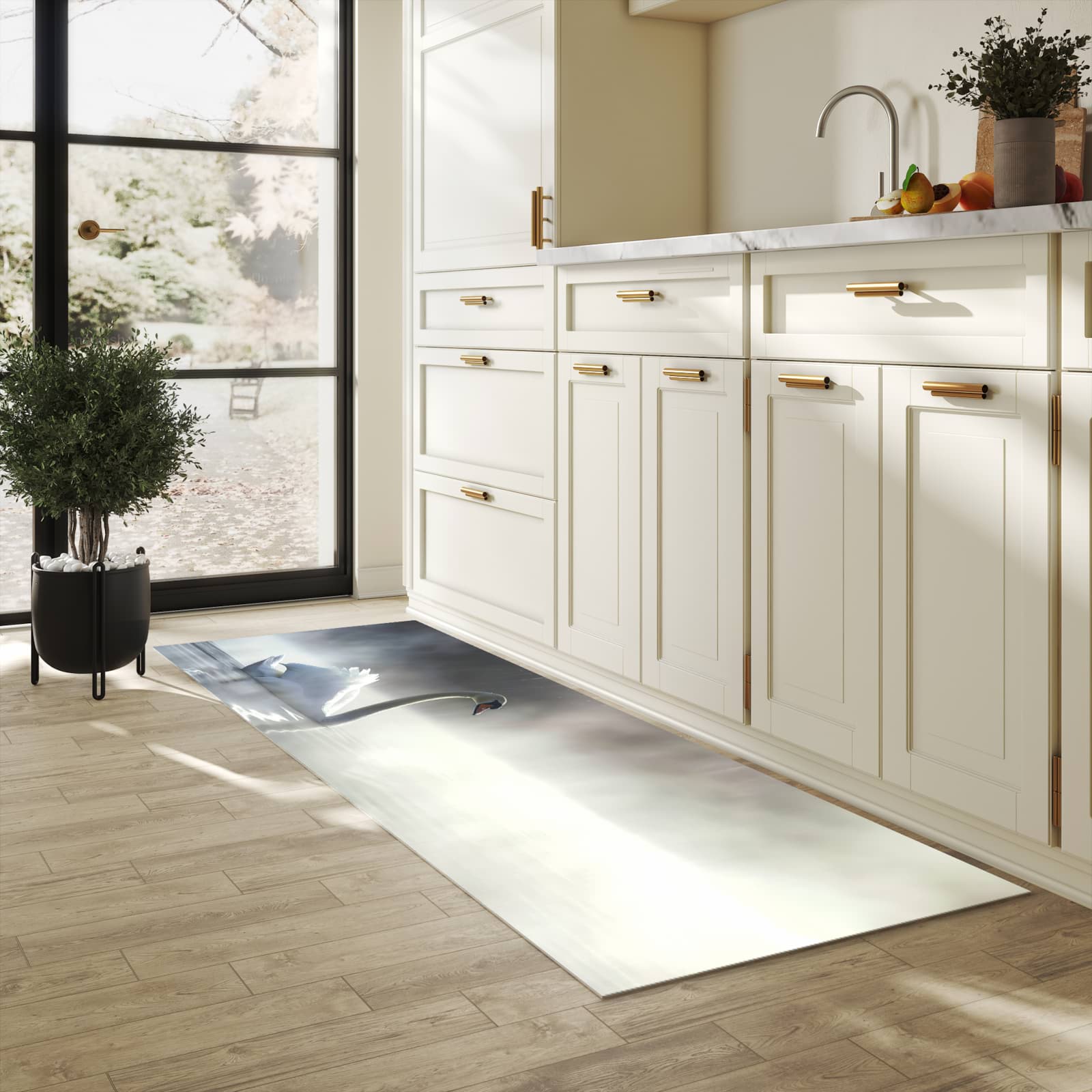 Abriebfester Küchenteppich mit Motiv Schwimmender Schwan in heller Küche