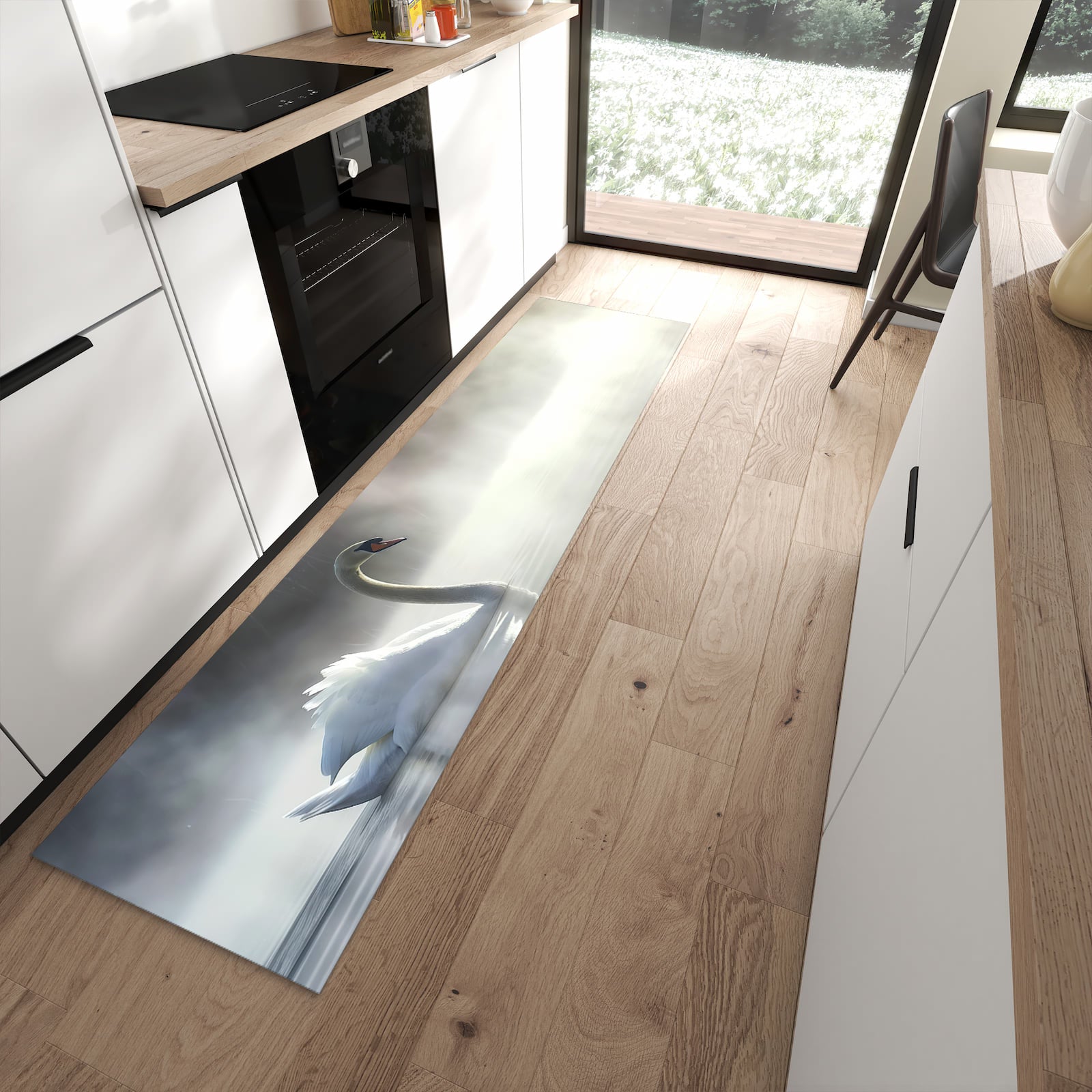 Waschbarer Küchenläufer mit Motiv Schwimmender Schwan in moderner Küche