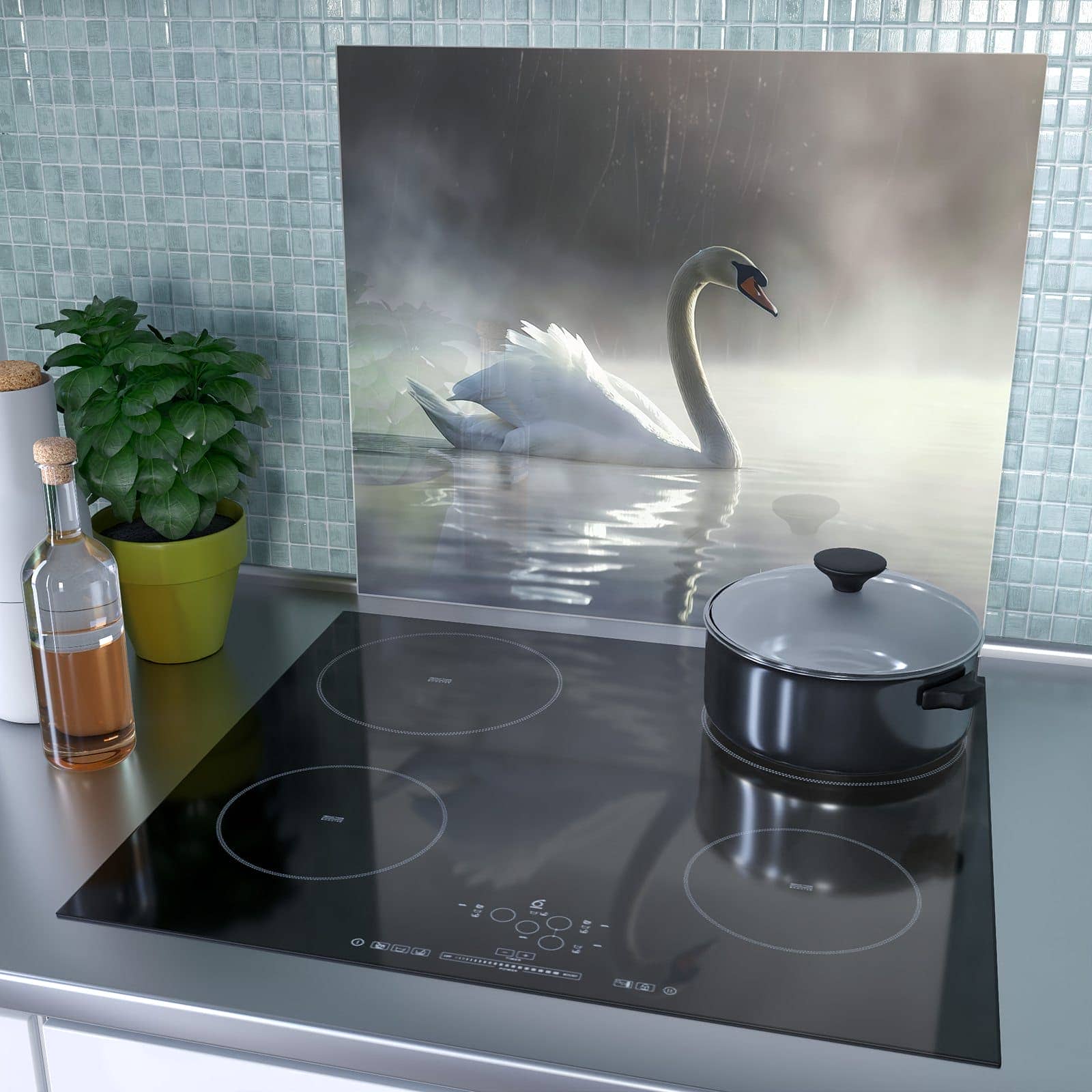 1-teilige Abdeckplatte für Ceranfeld mit Schwimmender Schwan-Motiv als Spritzschutz hinter dem Kochfeld