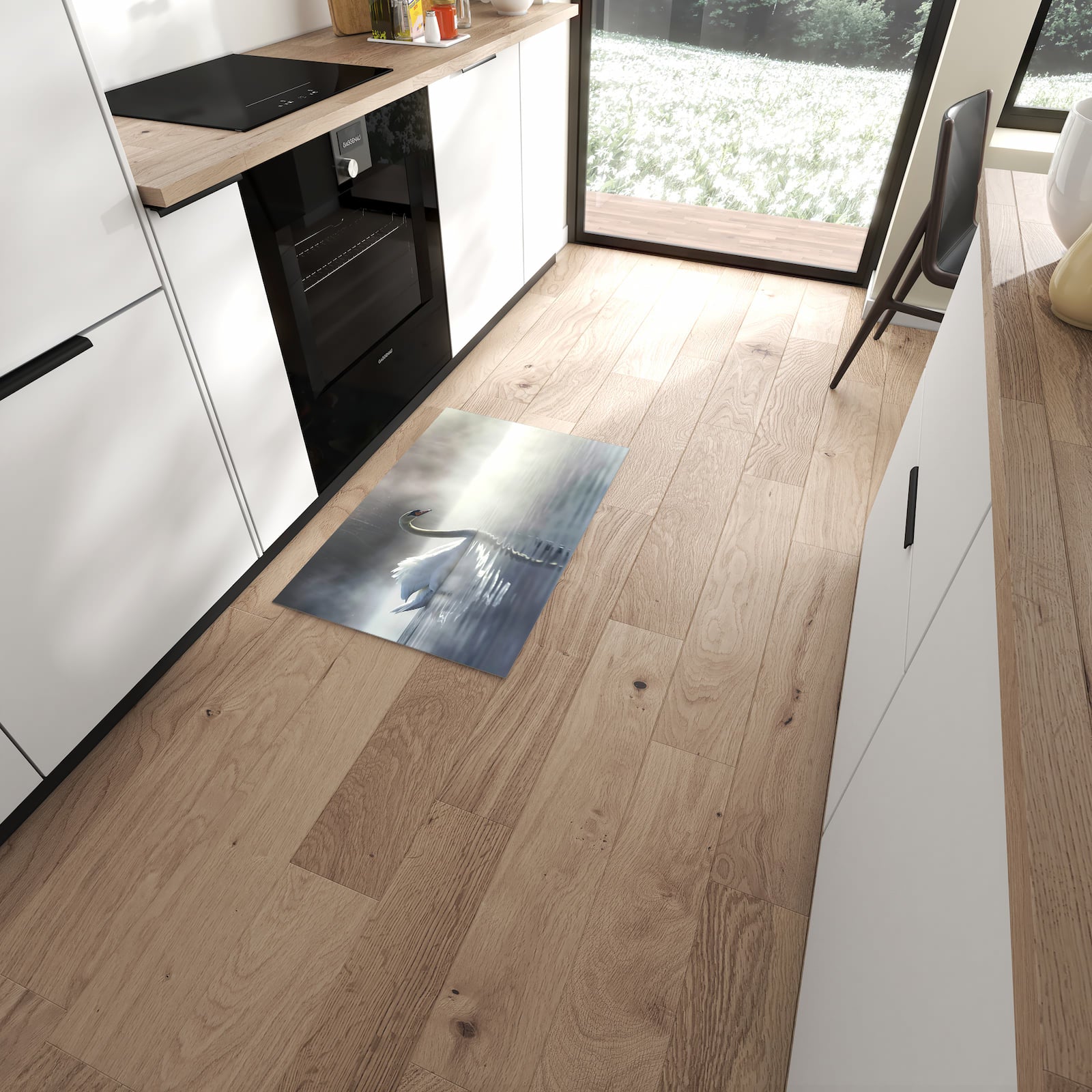 Feuchtigkeitsresistenter waschbarer Küchenläufer mit Motiv Schwimmender Schwan in moderner Küche