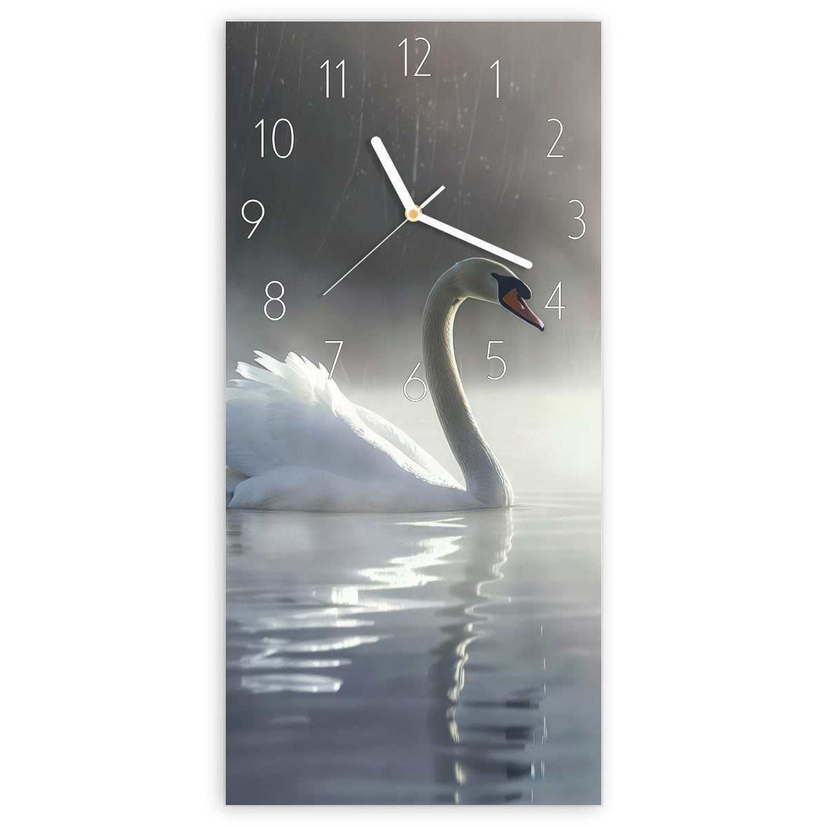 Wanduhr aus Glas, Ziffernblatt Elegant mit Motiv Schwimmender Schwan: Weißer Höckerschwan auf nebligem Wasser mit Spiegelung #ziffernblatt_Elegant