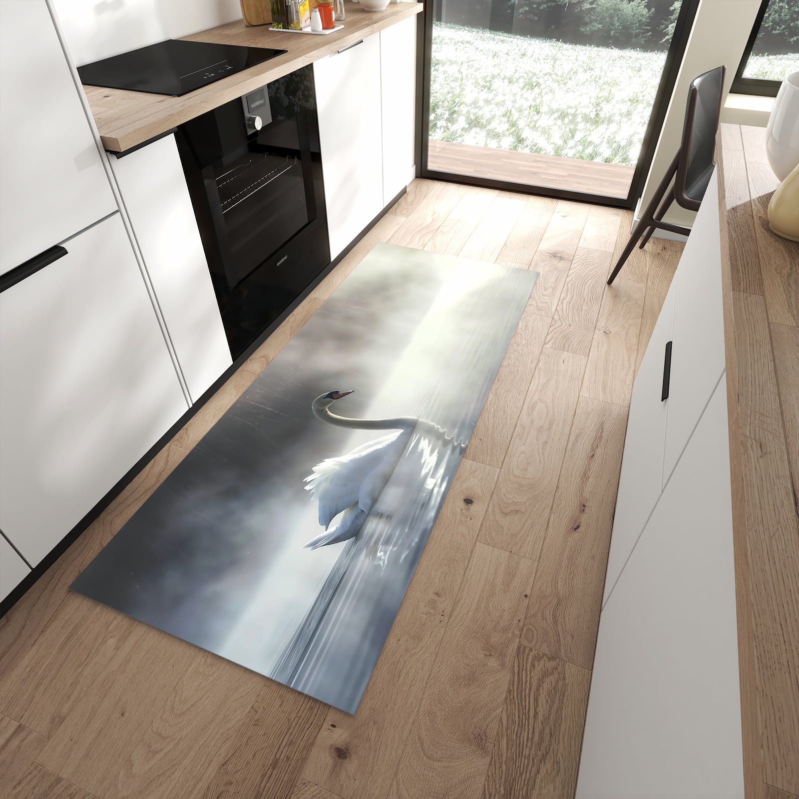 Bodenschonender rutschfester Küchenläufer mit Motiv Schwimmender Schwan in moderner Küche