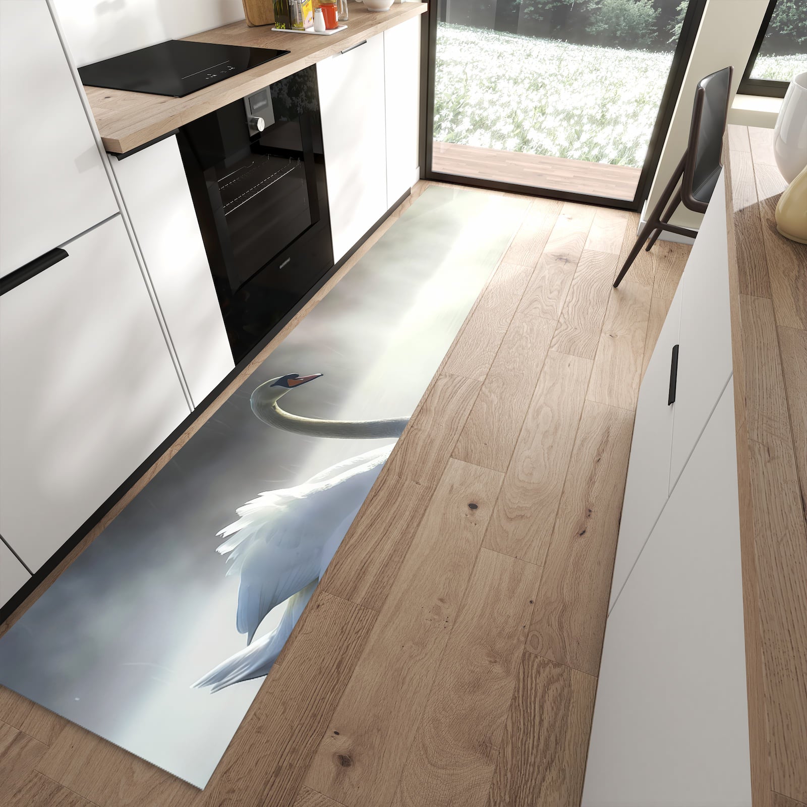 Rutschfester Küchenläufer mit Motiv Schwimmender Schwan in moderner Küche