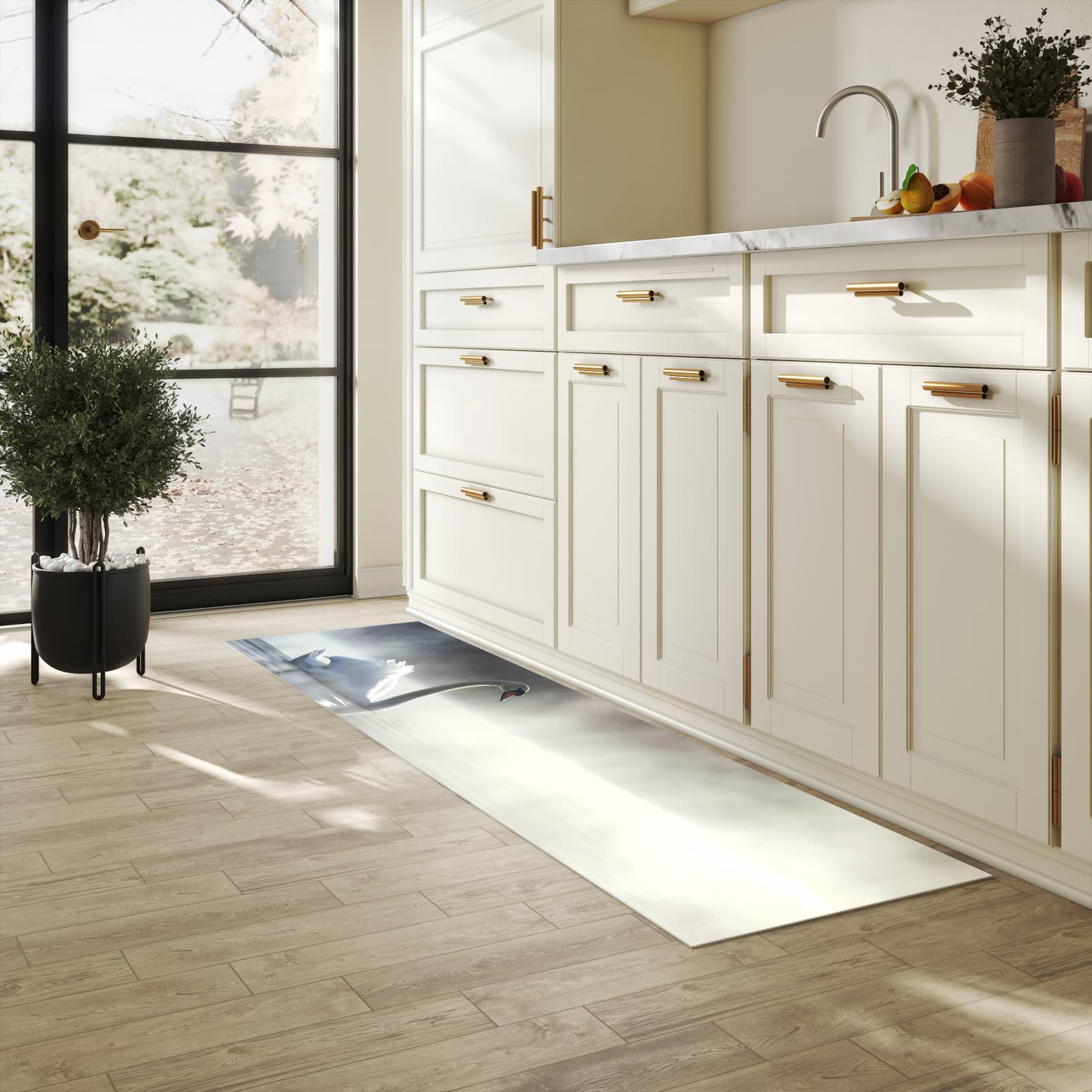 Farbbeständiger Küchenteppich mit Motiv Schwimmender Schwan in heller Küche